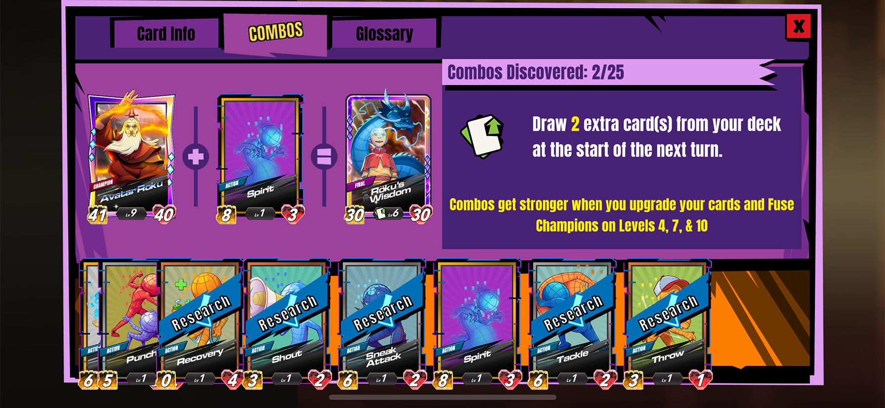 Not all cards have combos, so when you tap on a card that does, it will populate a Combo tab so you can see that information as well. This is key to the core loop of the game!