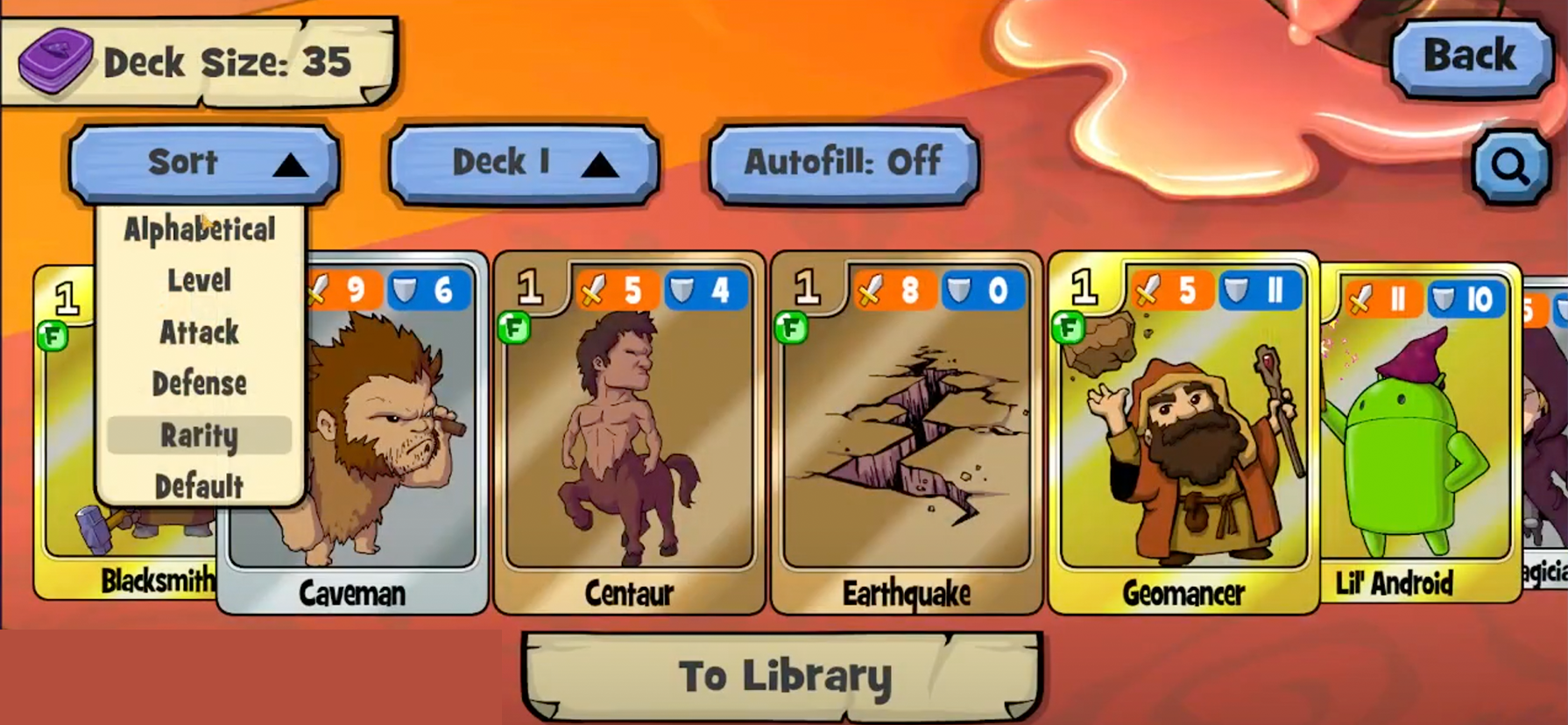 This was the original Deck building screen with the Sort dropdown triggered.