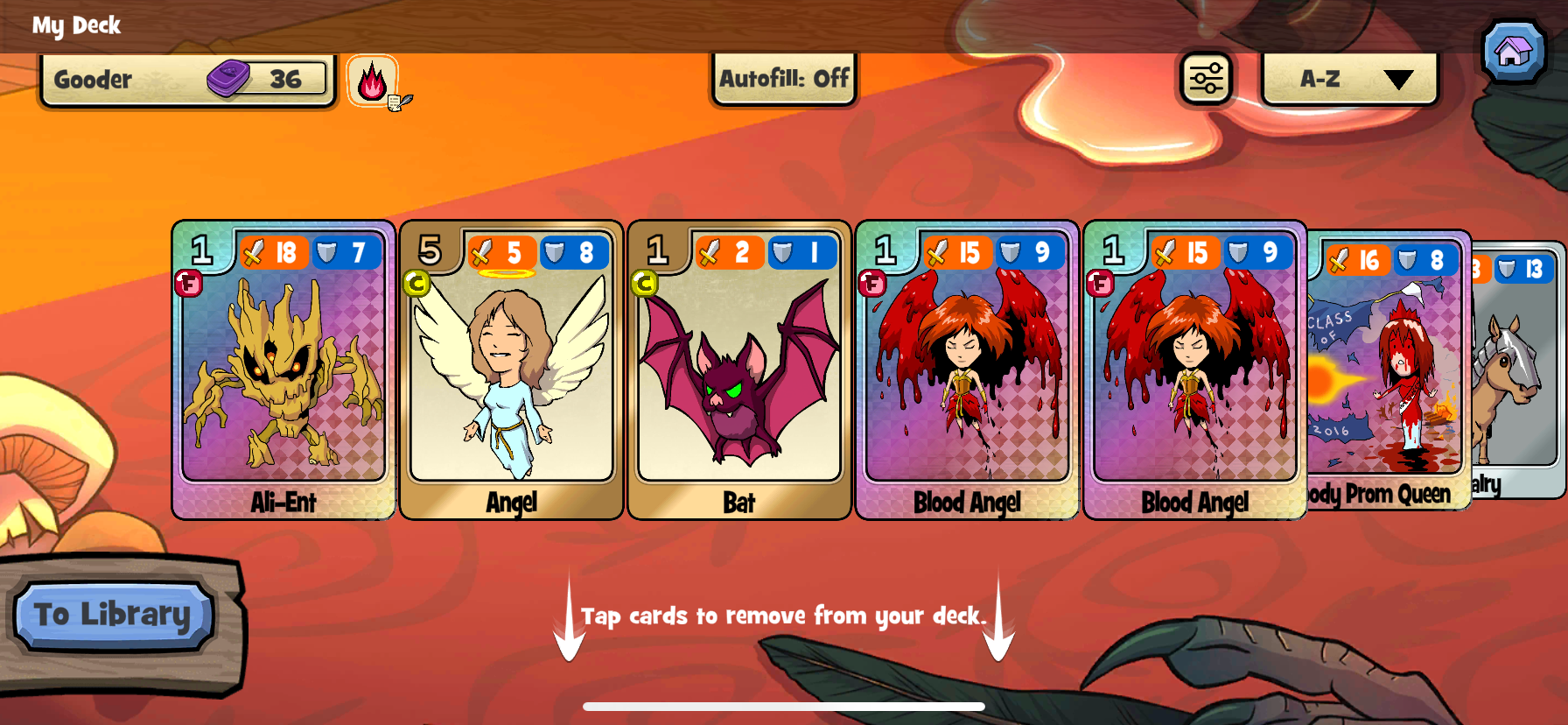 This is the Little Alchemist Deckbuilder screen. Tapping on a card will (without warning) remove it from your Deck and add it back to your Library.