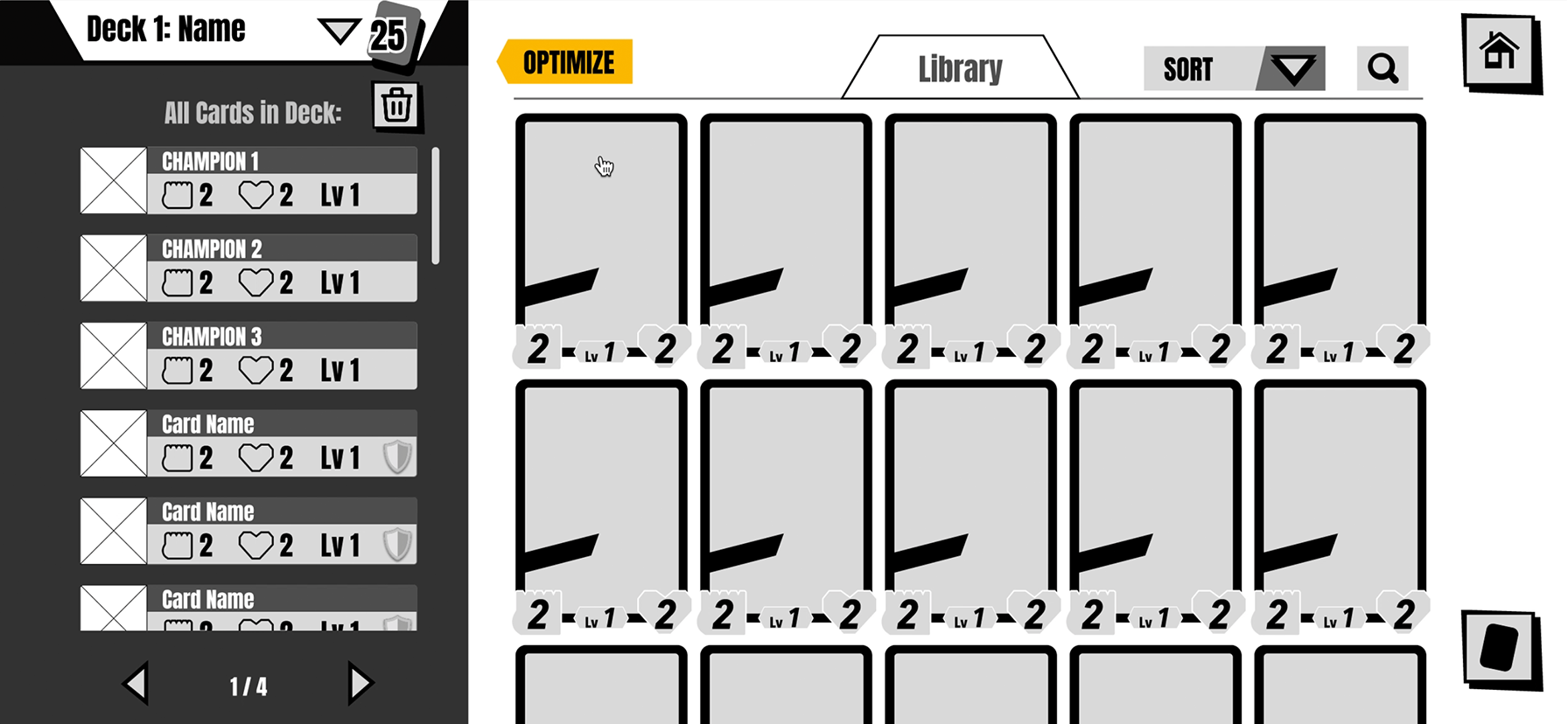 This is my wireframe and prototype of a new concept where the Deck and Library can be on one screen. Cards can be easily dragged to and from the Deck and Library.
A comp analysis of other competitors helped guide the designs in this direction. I also