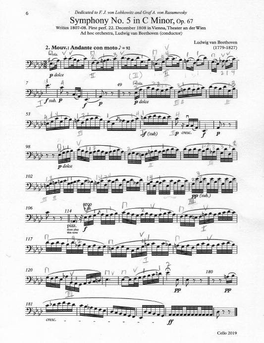 A page of Gloria’s marked cello part — Beethoven 5, second movement