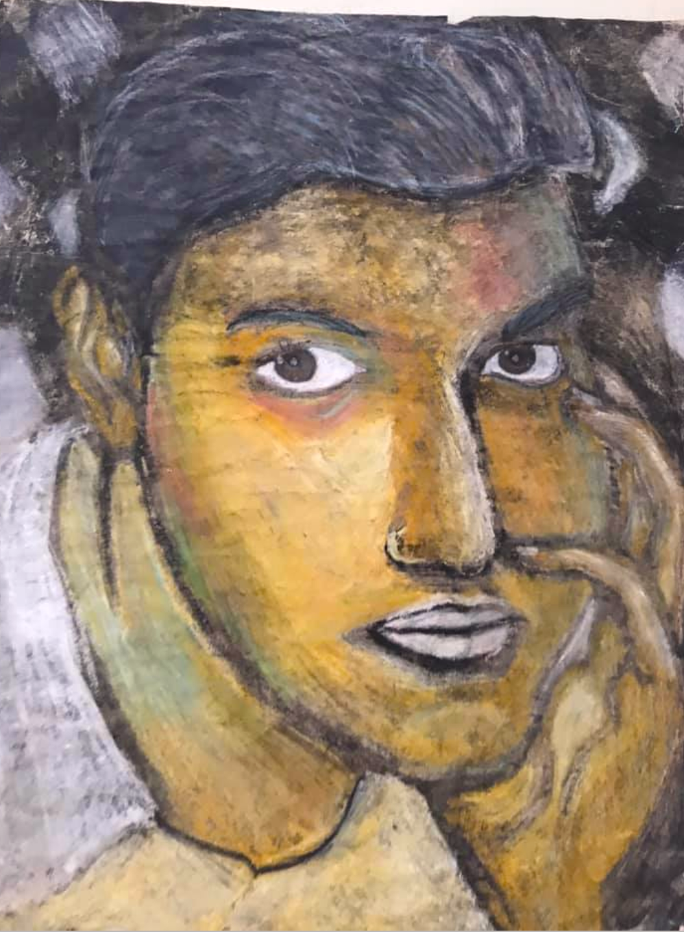 Title: Self PortraitYear Made: 2011Size: 14” x 17”Media: Ink Wash, Crayon, and Oil Pastel