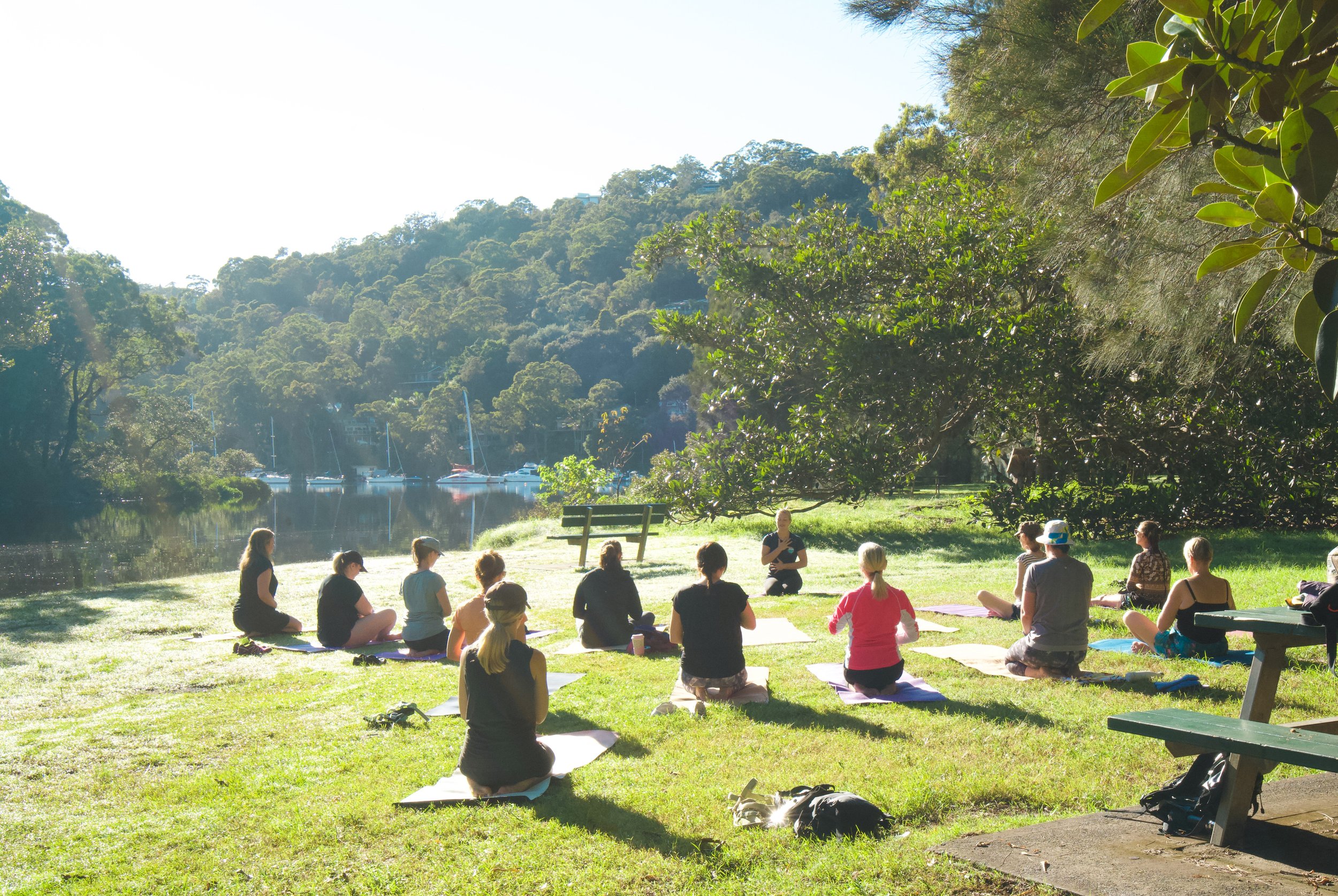 A group of people practicing yoga outdoors on a grassy area near a river with trees in the background.