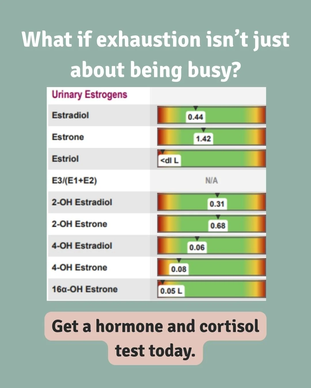 What if exhaustion isn&rsquo;t just about being busy?

When you feel stuck, exhausted, or unlike yourself, guessing isn&rsquo;t helpful.

Hormone and cortisol testing allows us to see how your body is functioning across the day, how circadian rhythm,