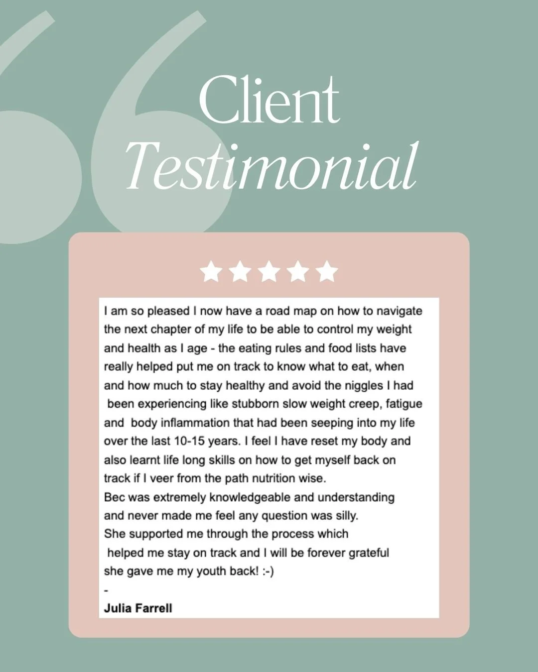 Julia shared that what changed wasn&rsquo;t just her weight. It was finally having structure that made sense.

After years of slow weight creep, fatigue and inflammation, the shift came from understanding what to eat, when to eat, and how to support 