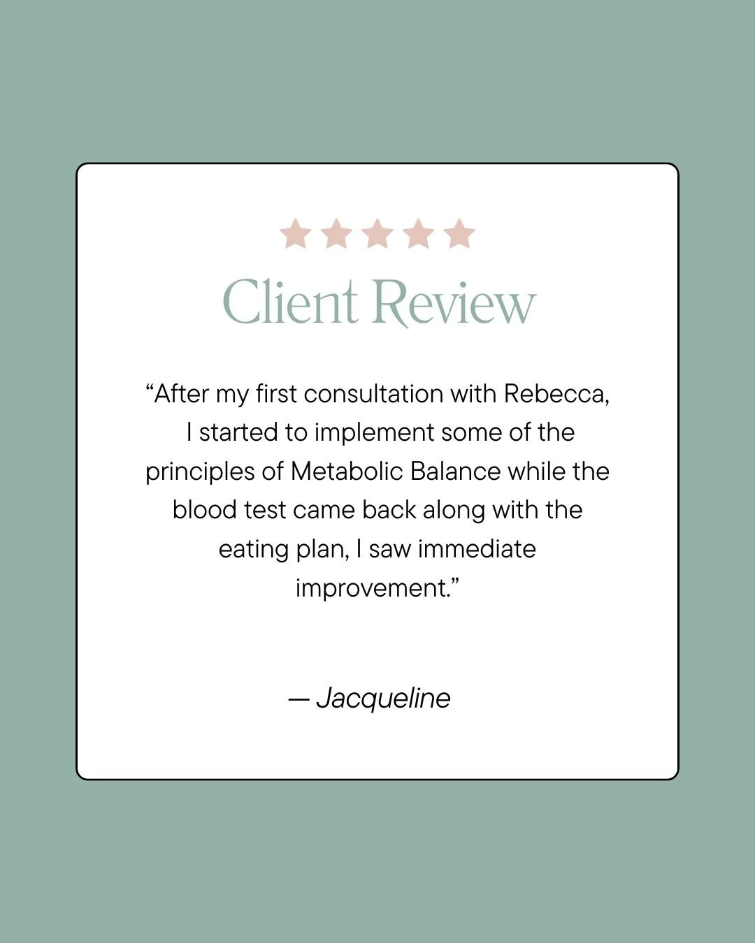 &ldquo;After my first consultation with Rebecca I started to implement some of the principles of Metabolic Balance while the blood test came back along with the eating plan, I saw immediate improvement.&rdquo;
 &mdash; Jacqueline 

Jacqueline had alr