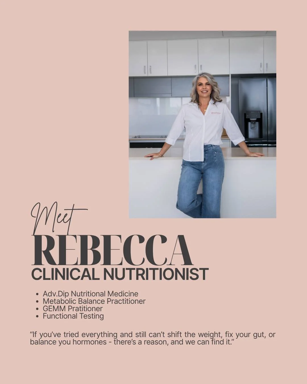 Still not getting results despite doing "all the right things"? There's a reason.

I'm Rebecca, Clinical Nutritionist (Metabolic Balance &amp; GEMM Practitioner), and I work with women who are done with generic advice that doesn't move the 