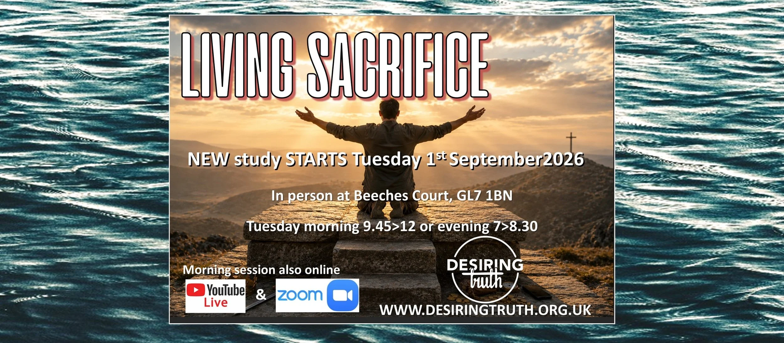 A man kneeling on a stone step with arms outstretched facing a sunset over mountains and water, with a cross on a distant hill, promoting a study on living sacrifice.