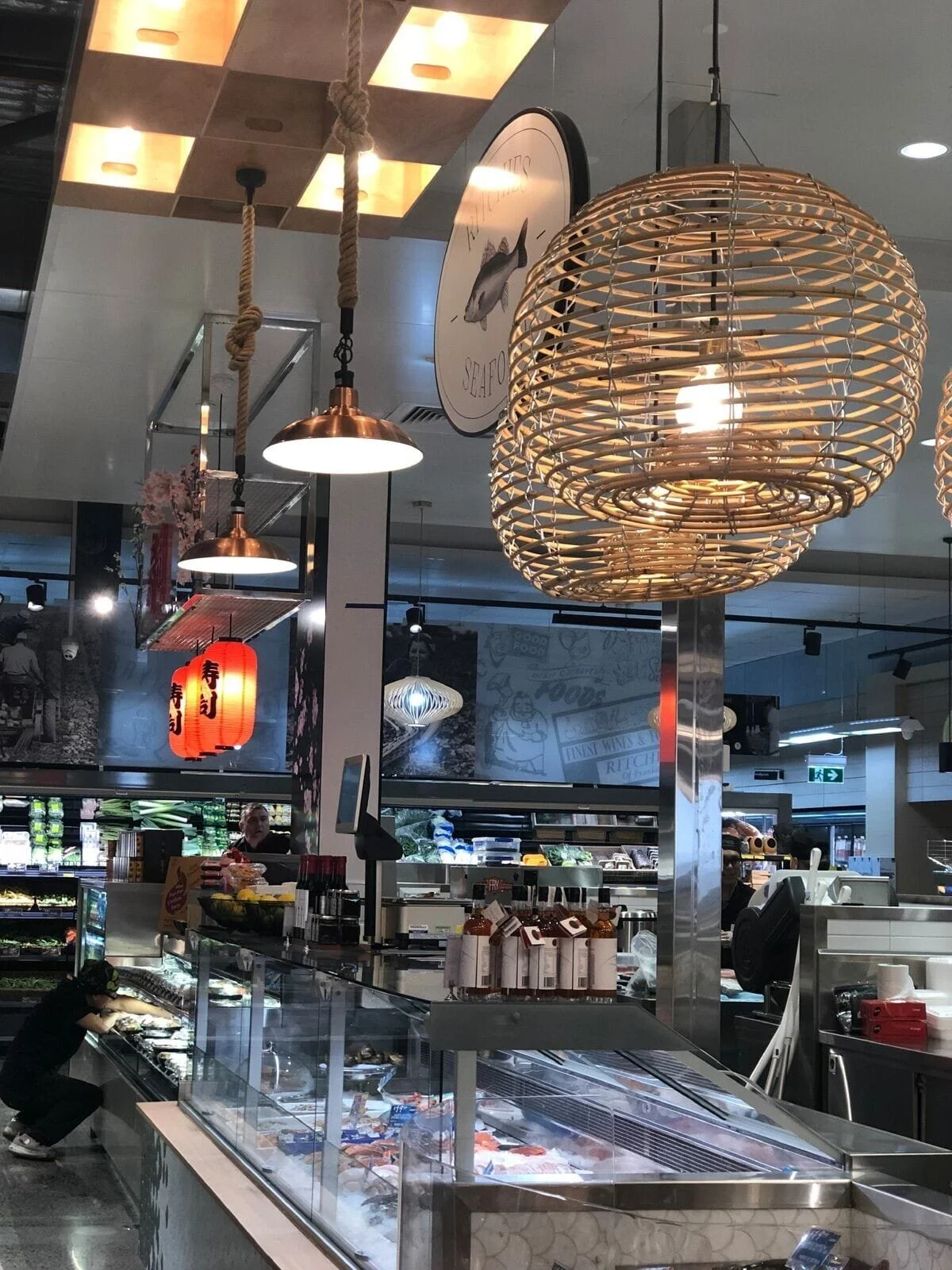 Cafe lighting, 60cm pendants for the coastal vibe.