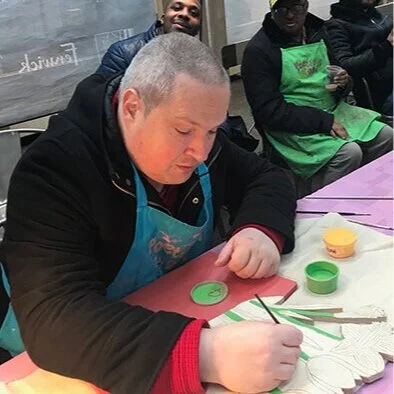 THOMAS  Tom works on site with us at Old Spitalfields Market on a Wednesday. He is one of the founding members of Poetry in Wood’s Design Studio. His precise drawings, mosaics and signage are remarkable.