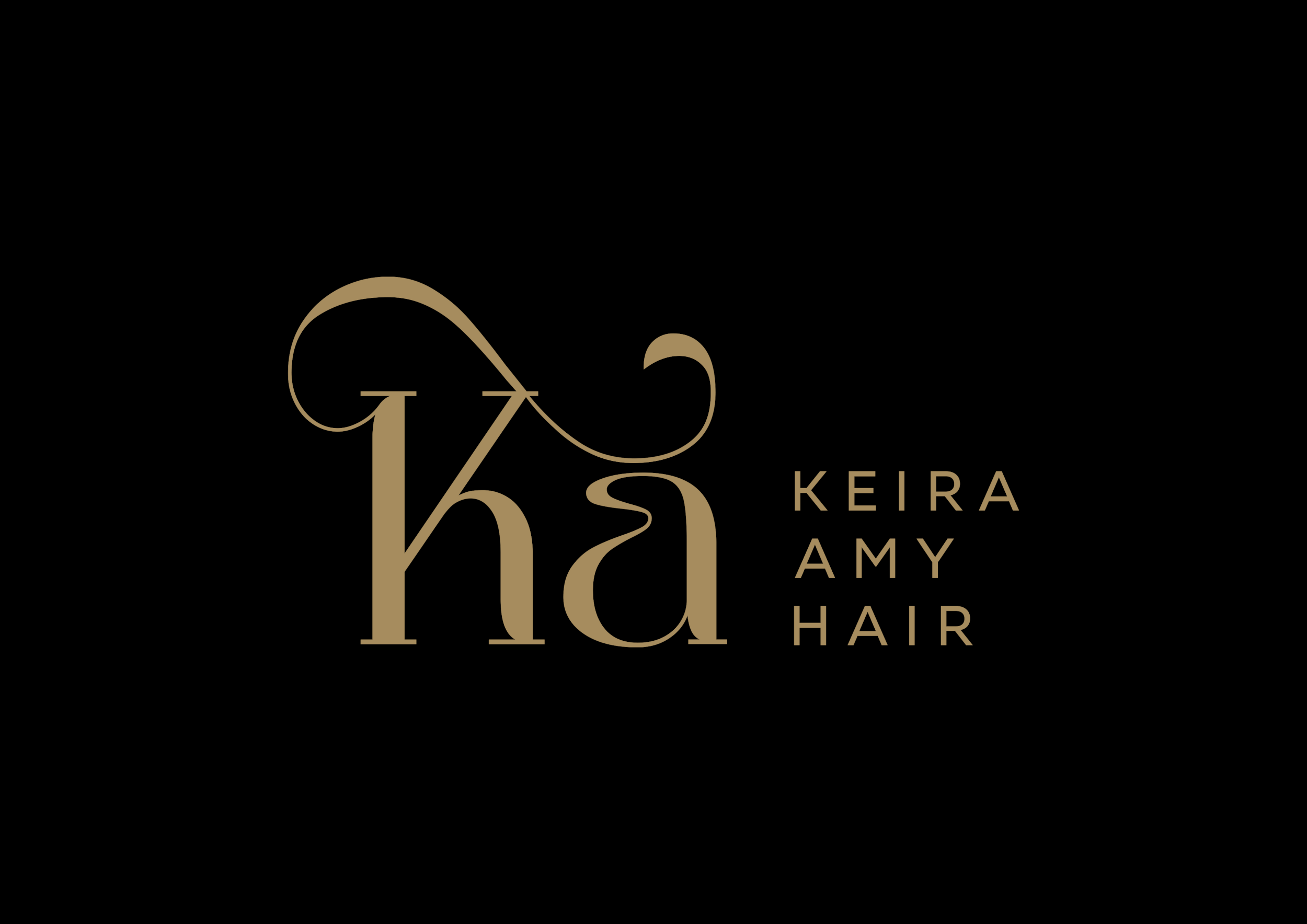 Logo for Keira Amy Hair featuring a stylised combination of the letters 'K' and 'A', in gold on a black background, with the full name written vertically to the right.