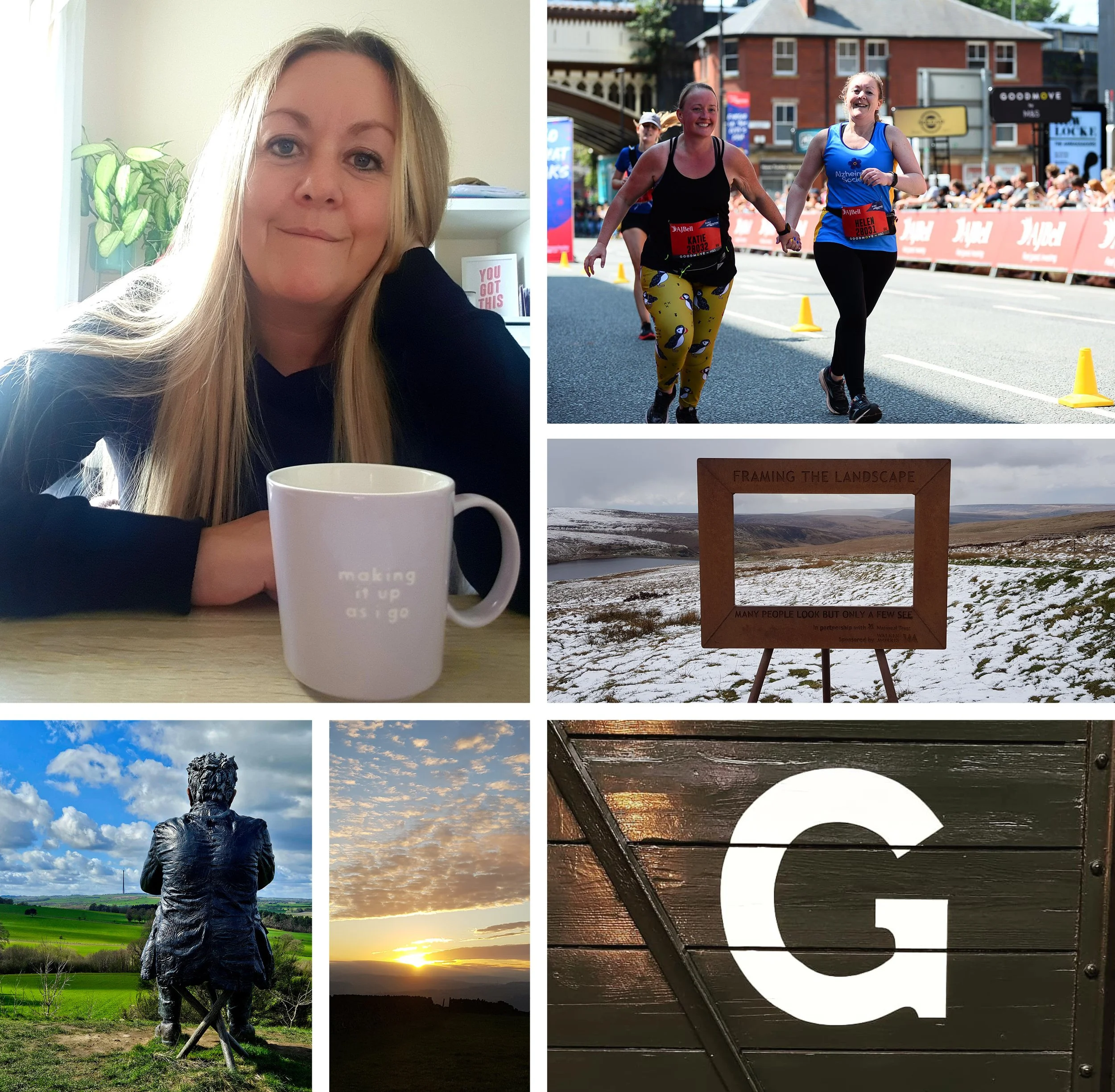 Collage of six images: a woman with long blonde hair sitting at a table with a mug, two women running a marathon, a landscape with a sign that says 'Framing the Landscape', a statue of a seated man overlooking green fields, a sunset over a horizon, and a close-up of a wooden surface with a large letter G painted on it.