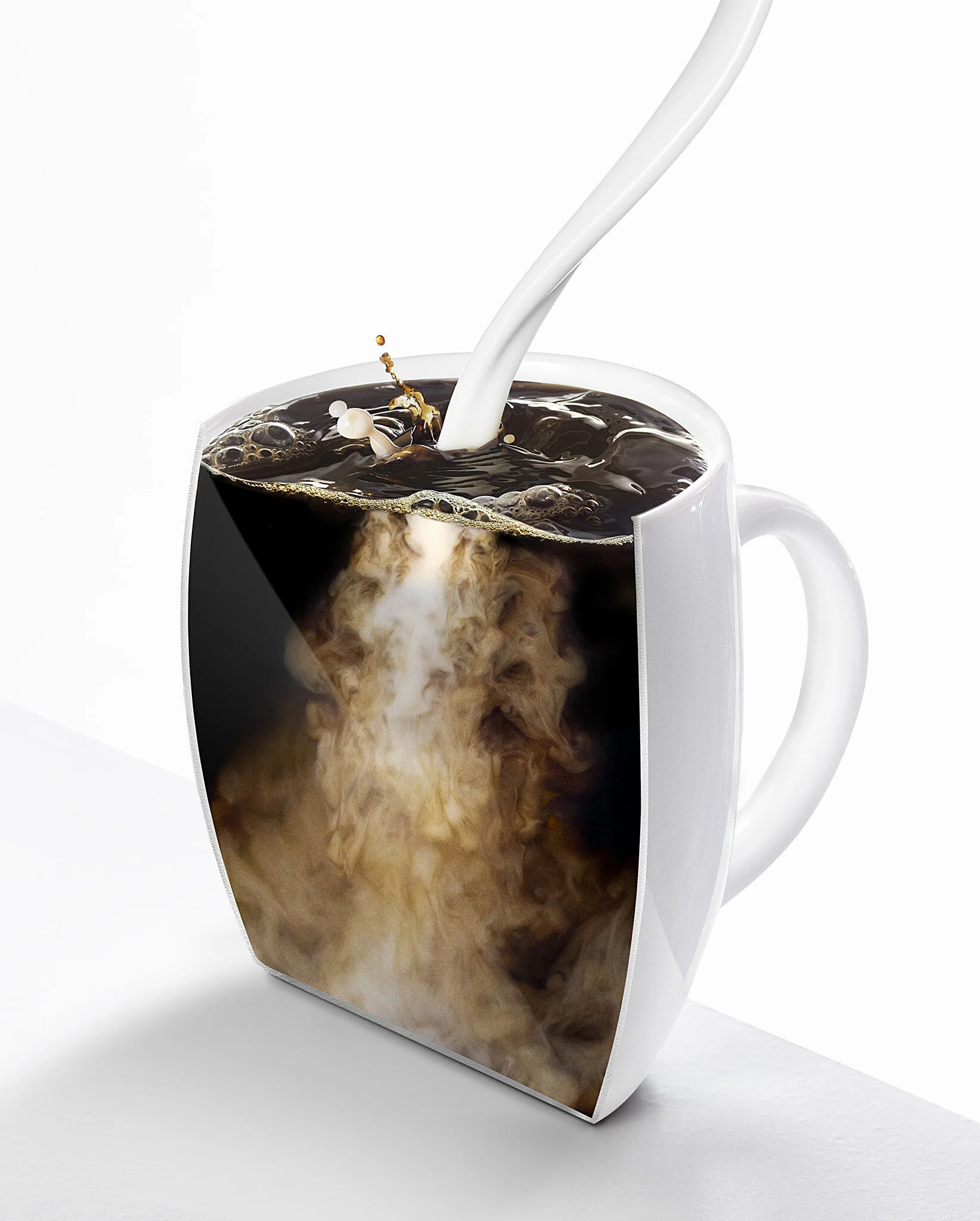 Milk being poured into a cup of coffee, with a cutaway view showing swirling patterns of mixing.
