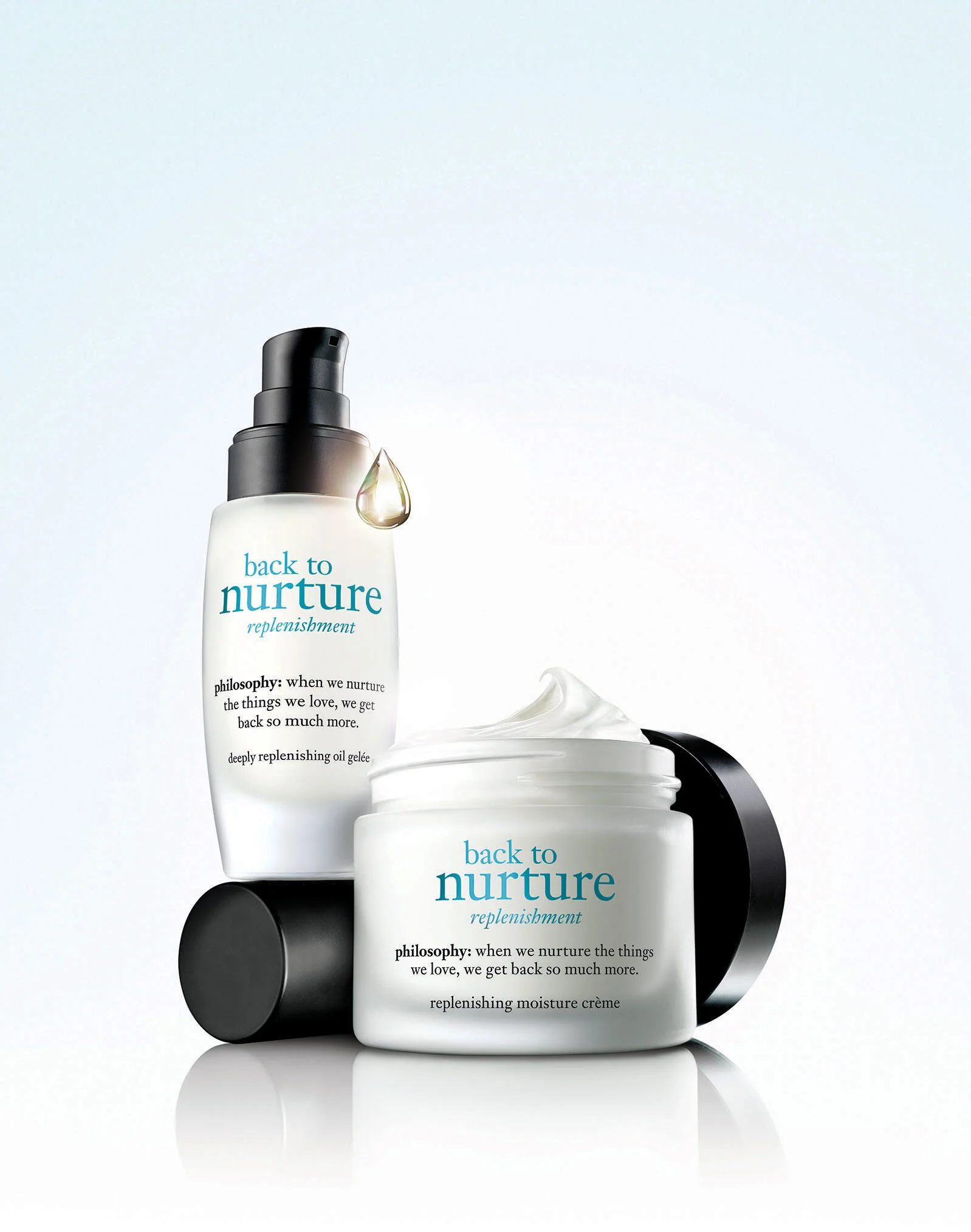 Skincare products displaying 'back to nurture replenishment' and 'deeply replenishing oil gelée' bottles.