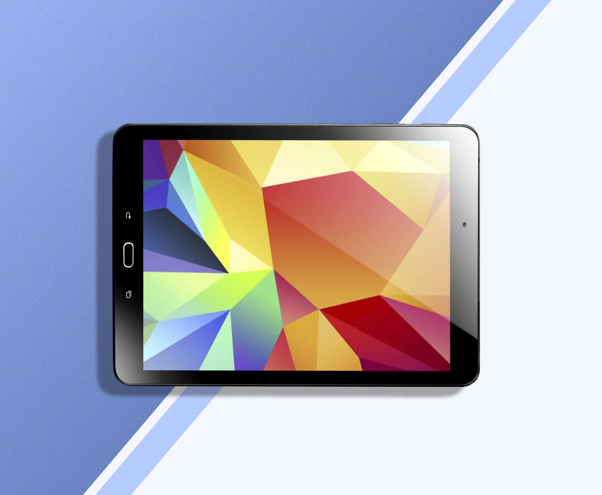 Tablet displaying colorful geometric wallpaper on blue background.