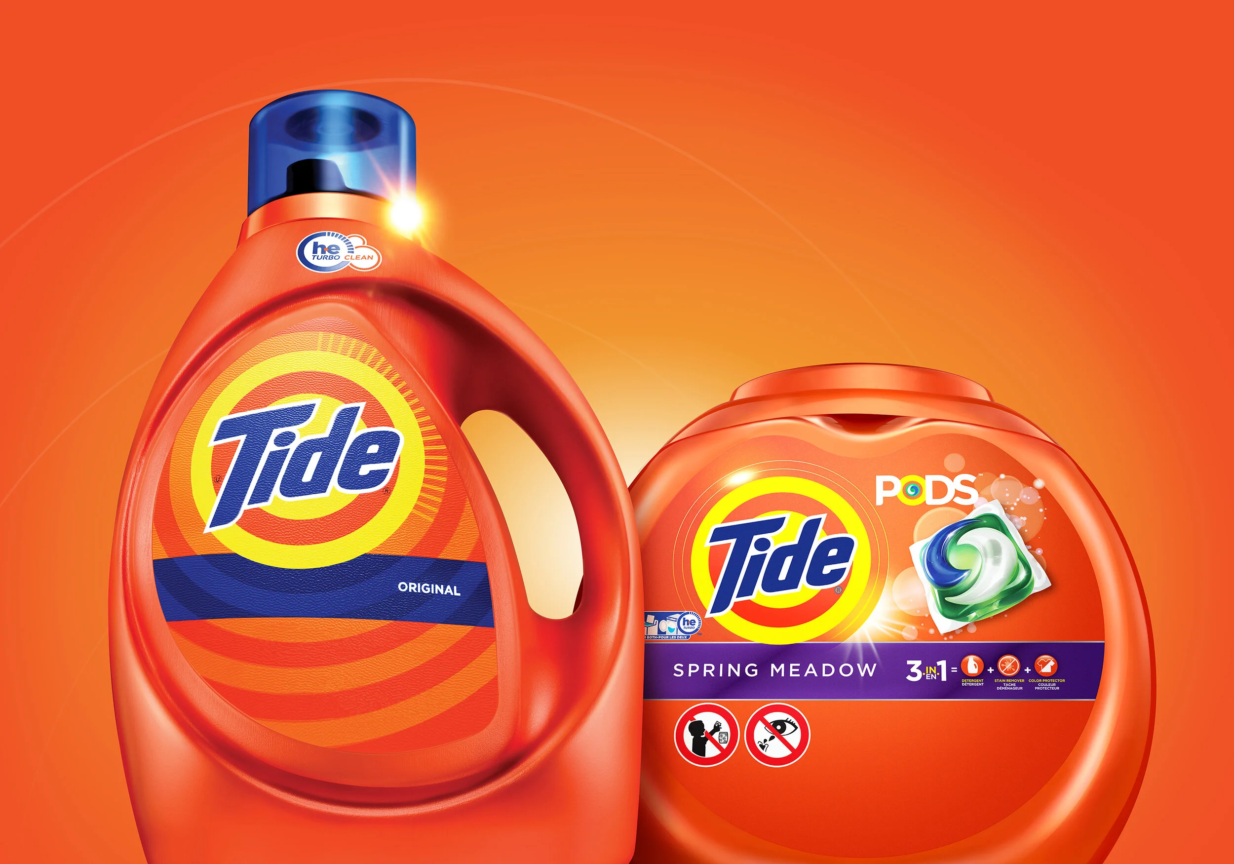 Tide laundry detergent and pods on orange background