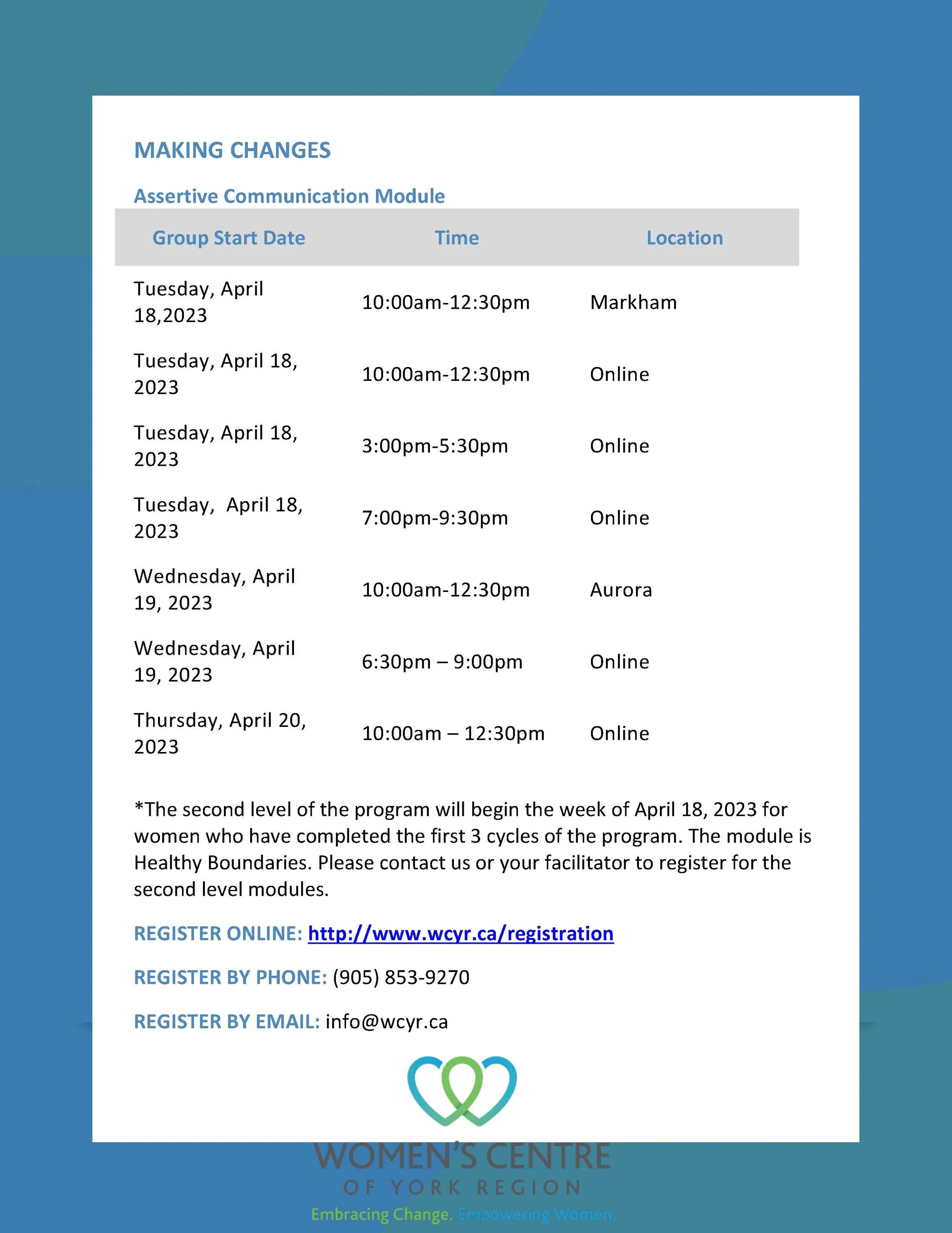 Upcoming Programmes Upcoming Programs at WCYR — WOMEN'S CENTRE OF YORK REGION