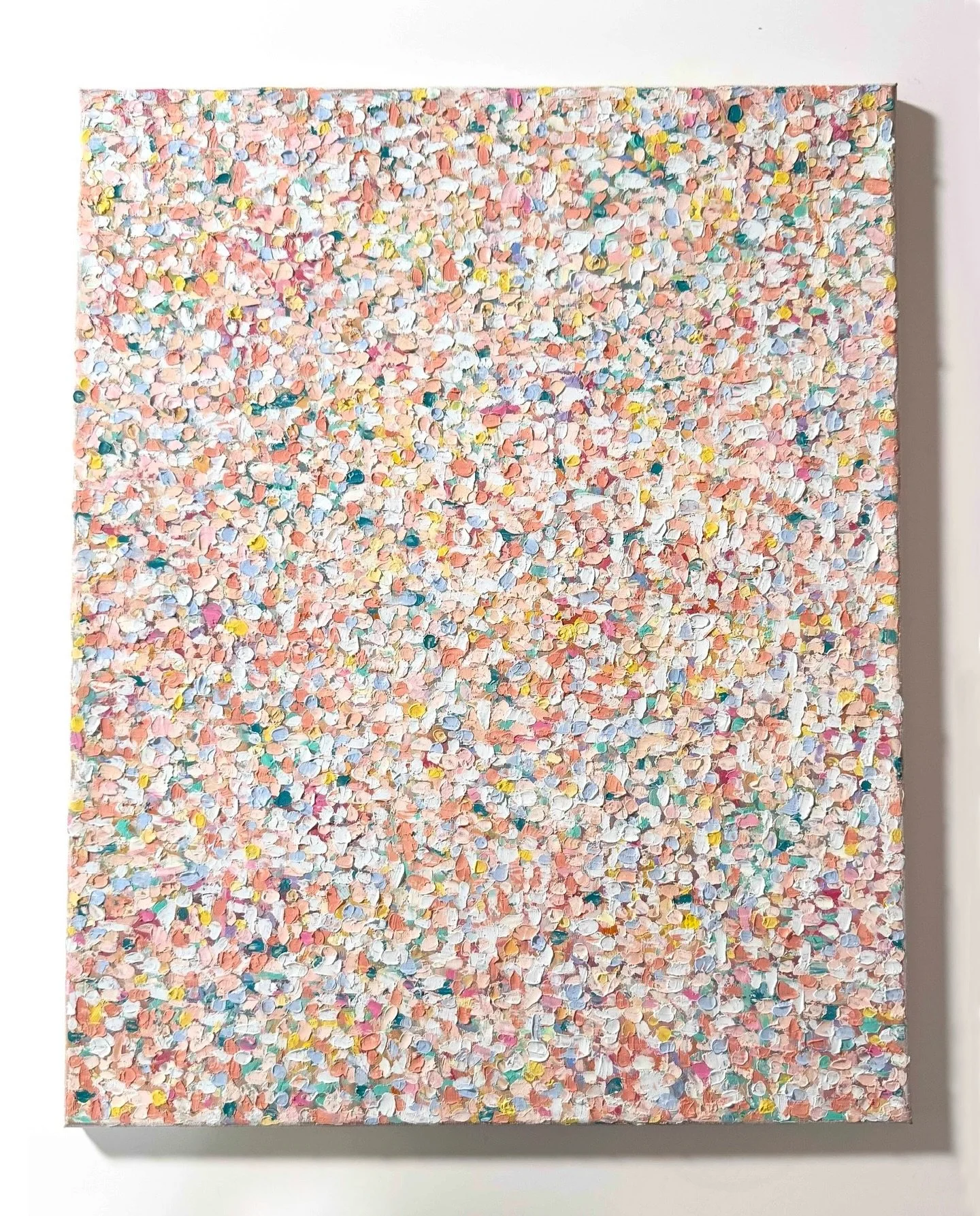New work: 
Pale Sky  Oil on Canvas  20 &times; 16 in

An atmospheric abstract built through small, deliberate marks, with soft color gathering into a shifting field of light.

Subtle tones of pale yellow, peach, rose, blue, and mint move across the s