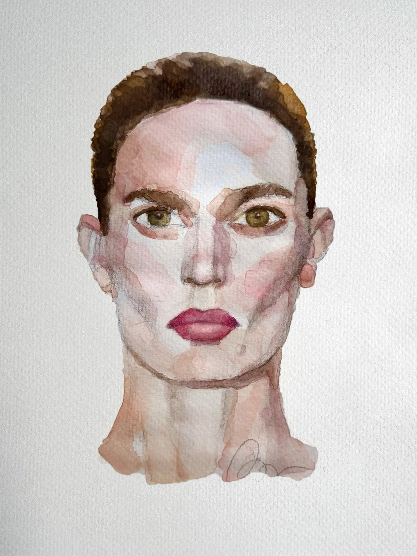 Watercolor portraiture today. This model from the Calvin Klein Spring 2027 runway stayed with me.