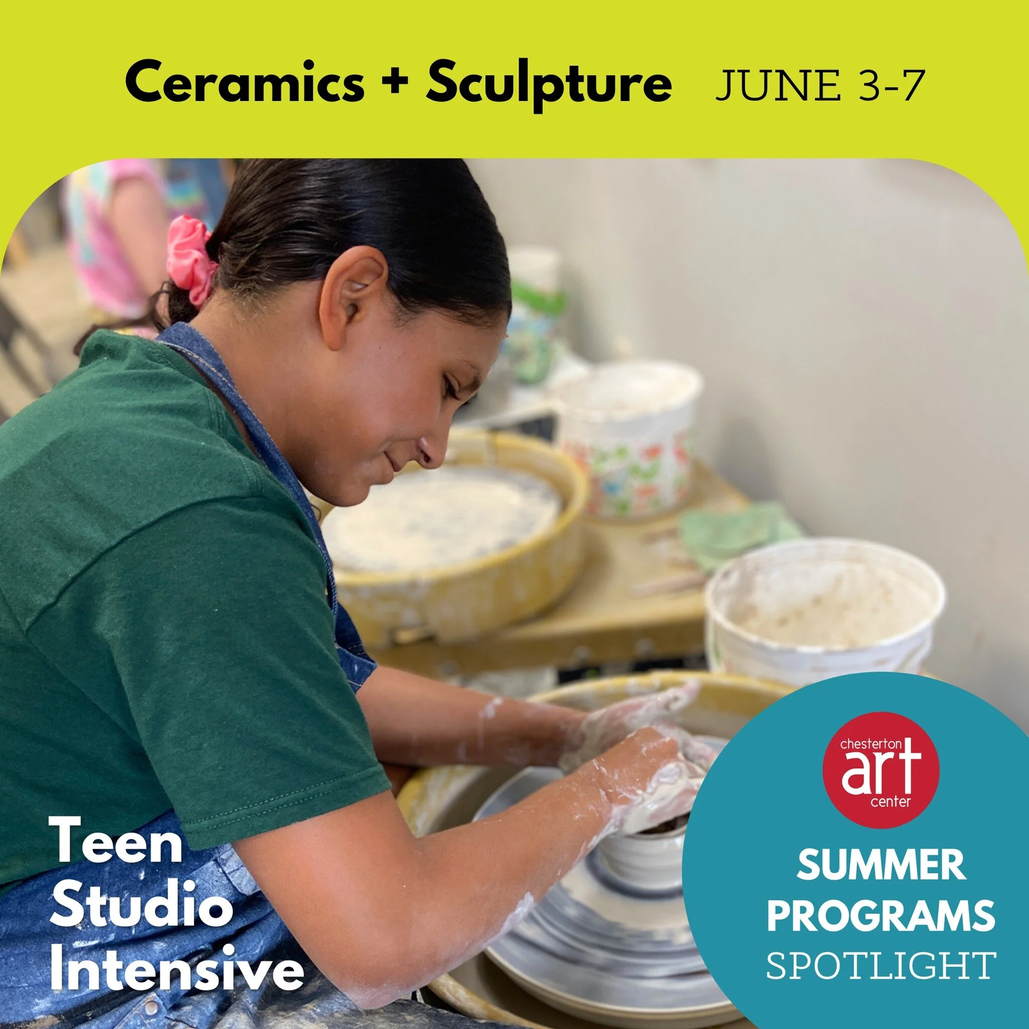 NEW to our 2024 Summer Programming are Teen Studio Intensives! This week's spotlight is Ceramics + Sculpture Teen Studio Intensive, ideal for those wanting to expand their art-making skills and explore clay.

Ceramics + Sculpture / June 3-7 from 12-2