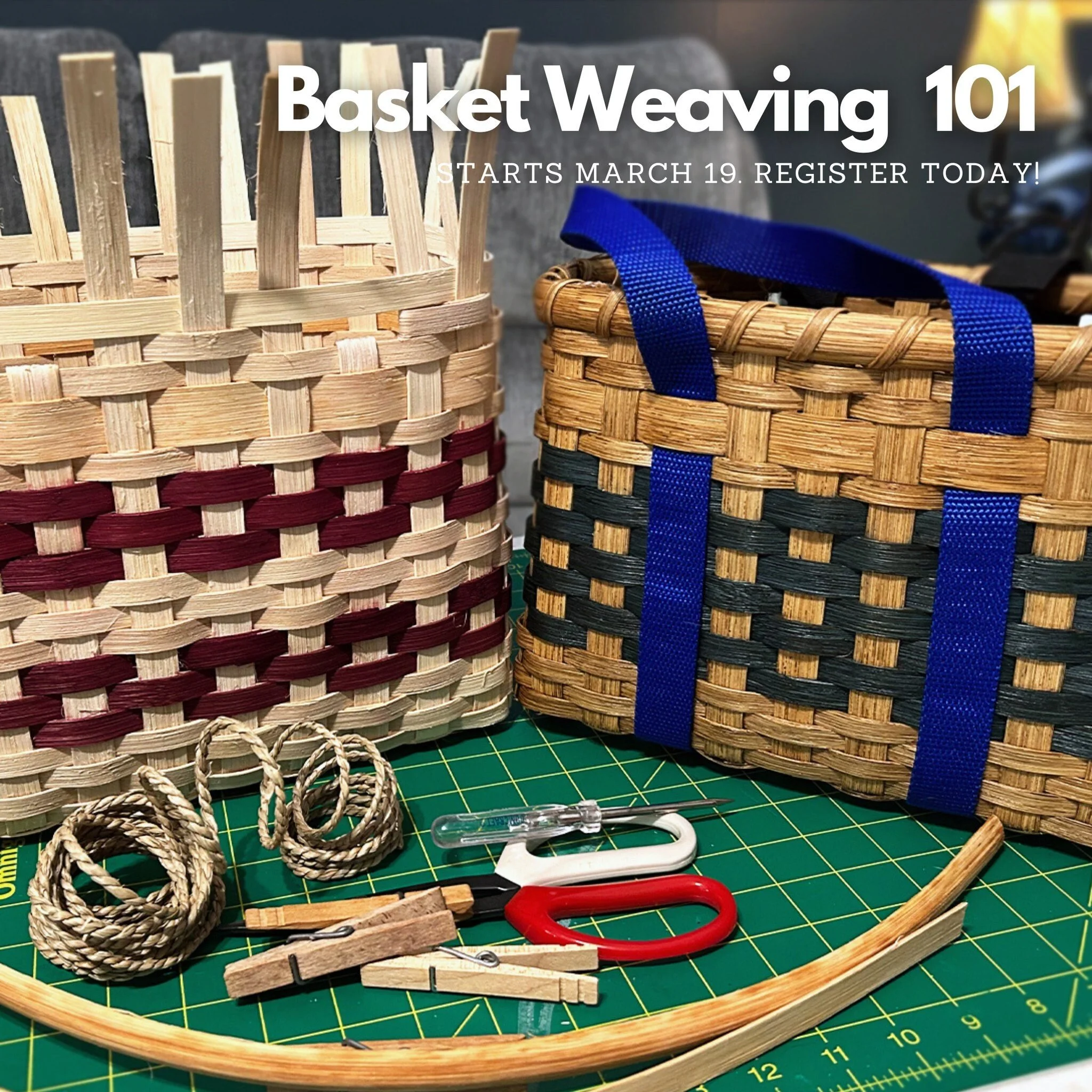 Make your very own bike basket!

Basket Weaving 101 (18+) 4-class session / Tuesday, March 19-April 2 from 6-9 PM + April 9 from 6-7:30 PM

With guidance from Cheryl Cavlovic, students will learn about the history and practice of basket weaving, from