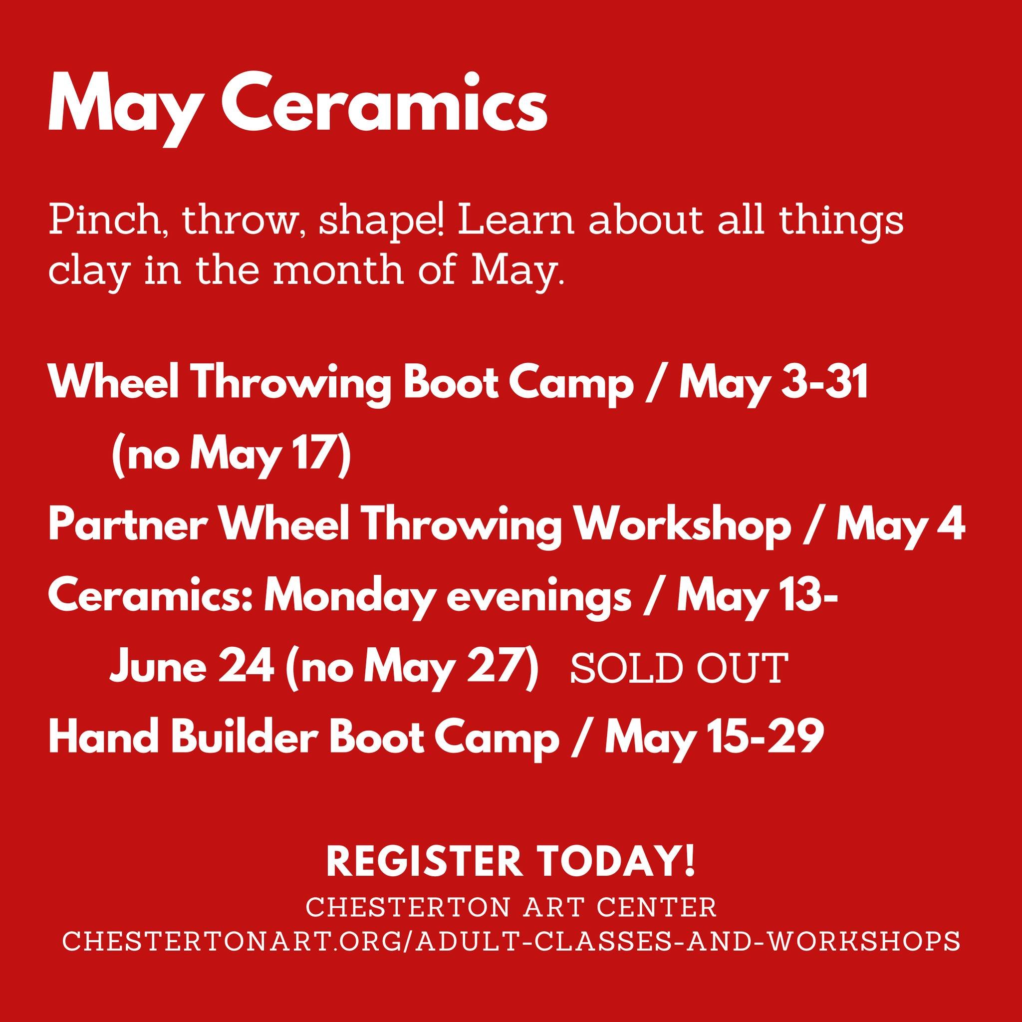 Learn about all things clay in the month of May! Register today for CAC's Ceramics Classes and Workshops.

🔴 For more information and registration visit our website https://www.chestertonart.org/adult-classes-and-workshops, call our office at (219) 