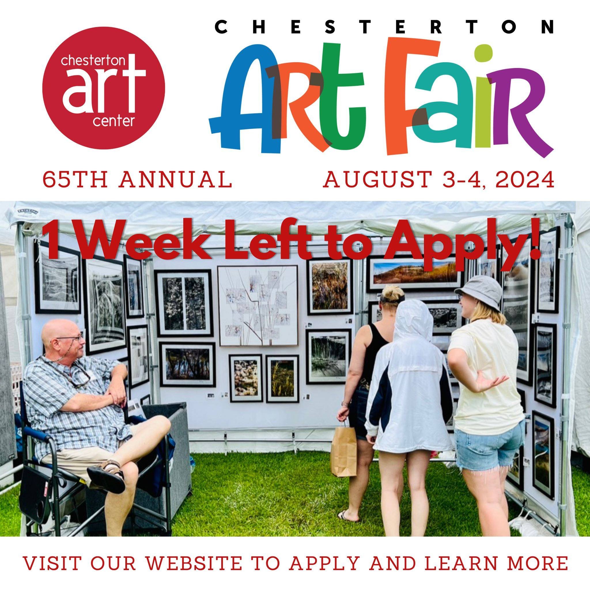 ONE WEEK LEFT TO APPLY! We have enjoyed seeing all the lovely submissions so far, and would love to see more! Submit your Chesterton Art Fair artist applications to be a part of this wonderful summertime event that supports artists and art in the com