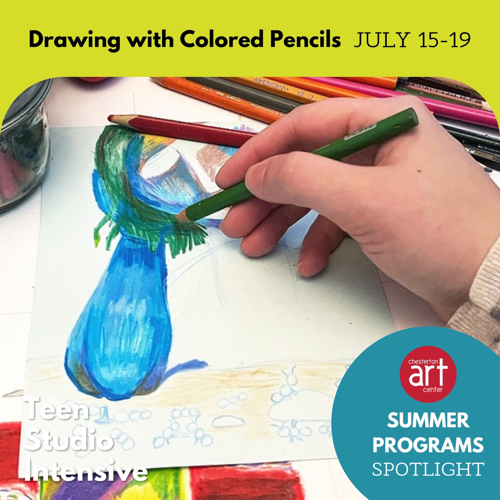 NEW to our 2024 Summer Programming are Teen Studio Intensives! This week's spotlight is the Drawing with Colored Pencils Teen Studio Intensive, a wonderful opportunity to explore the versatility of colored pencils.

🟢 Teen Studio Intensive: Drawing 