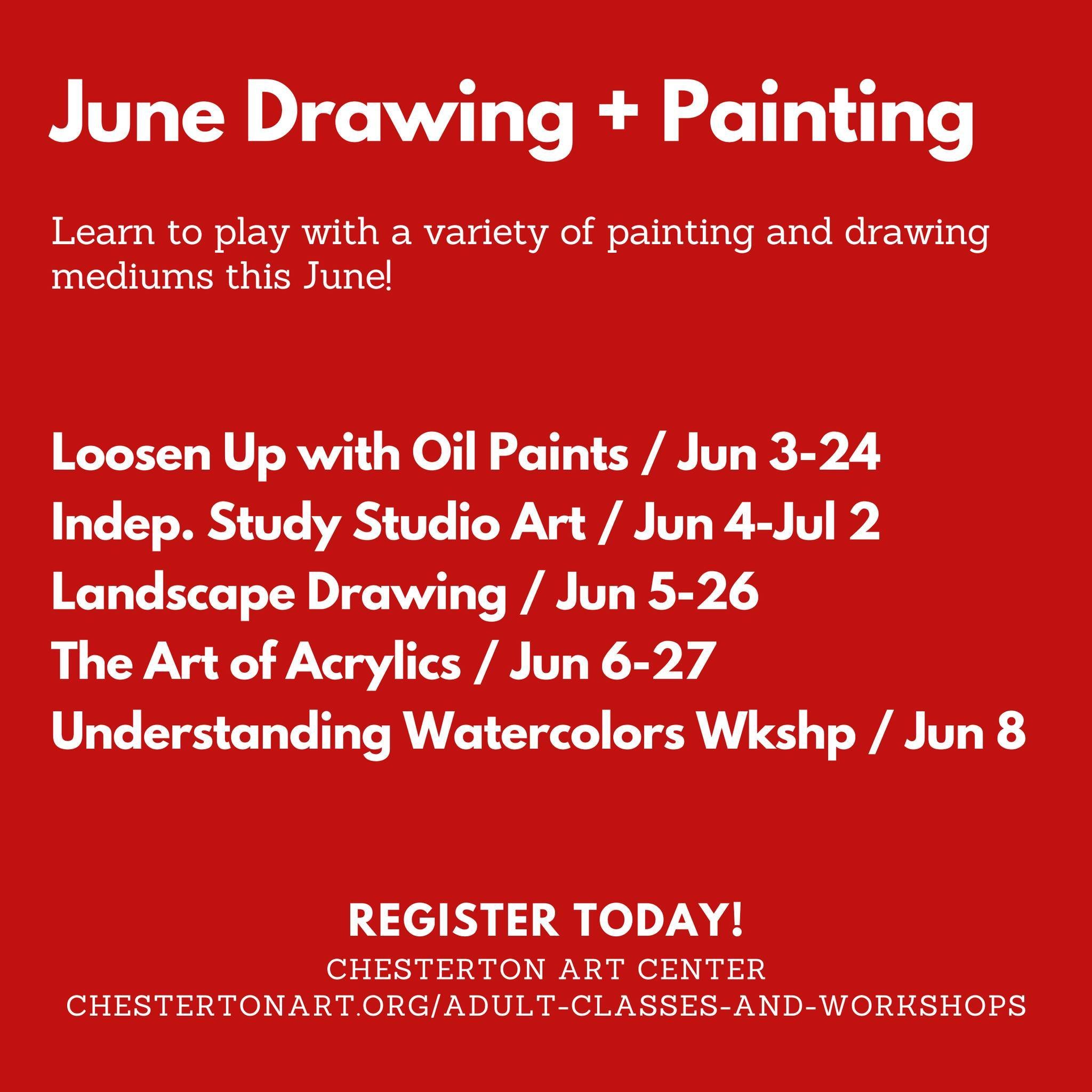 Play with paints, watercolor and drawing during the month of June! Register today for CAC's Drawing + Painting Classes and Workshops.

🔴 For more information and registration visit our website https://www.chestertonart.org/adult-classes-and-workshop