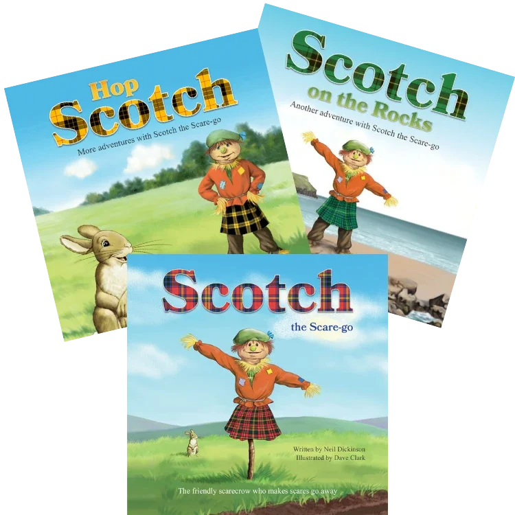 Three children's picture book covers from the Scotch the Scare-go series by Neil Dickinson, including Hop Scotch, Scotch on the Rocks, and Scotch the Scare-go, featuring an illustrated friendly scarecrow character.