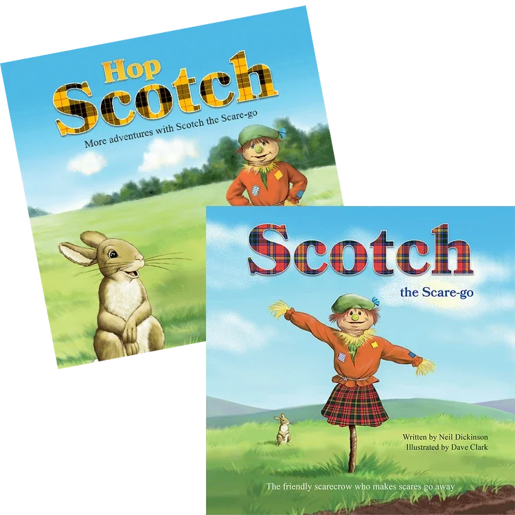Two children's book covers from the "Scotch the Scare-go" series, featuring the titles "Hop Scotch" and "Scotch the Scare-go," both showing a friendly scarecrow in a green field.