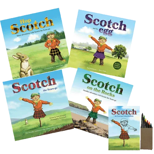 Four children's book covers from the "Scotch the Scare-go" series arranged together, alongside a matching coloring book and a small box of crayons.
