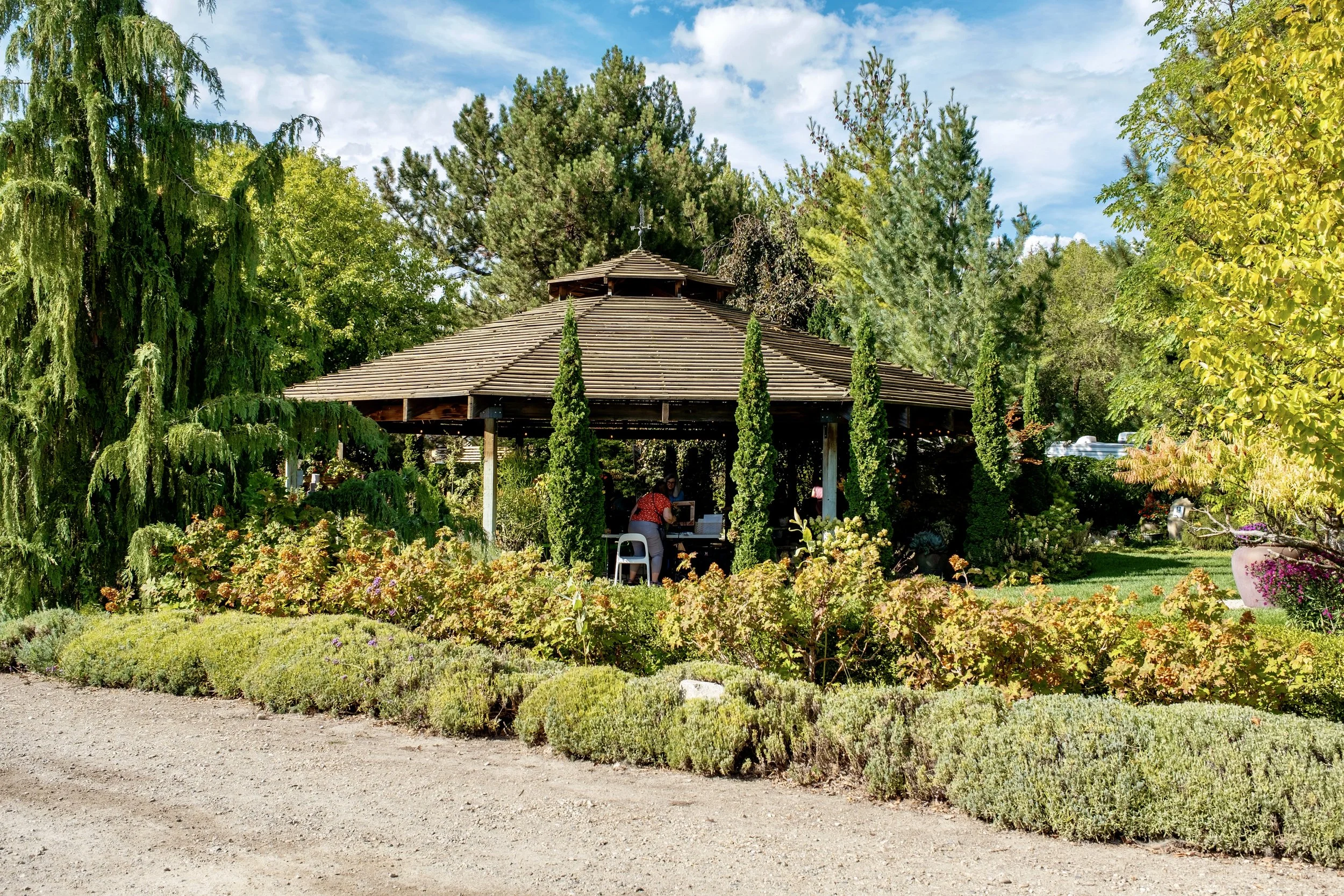 A wooden gazebo in a lush garden with tall green trees, colorful flowers, and a gravel path, people gathered inside