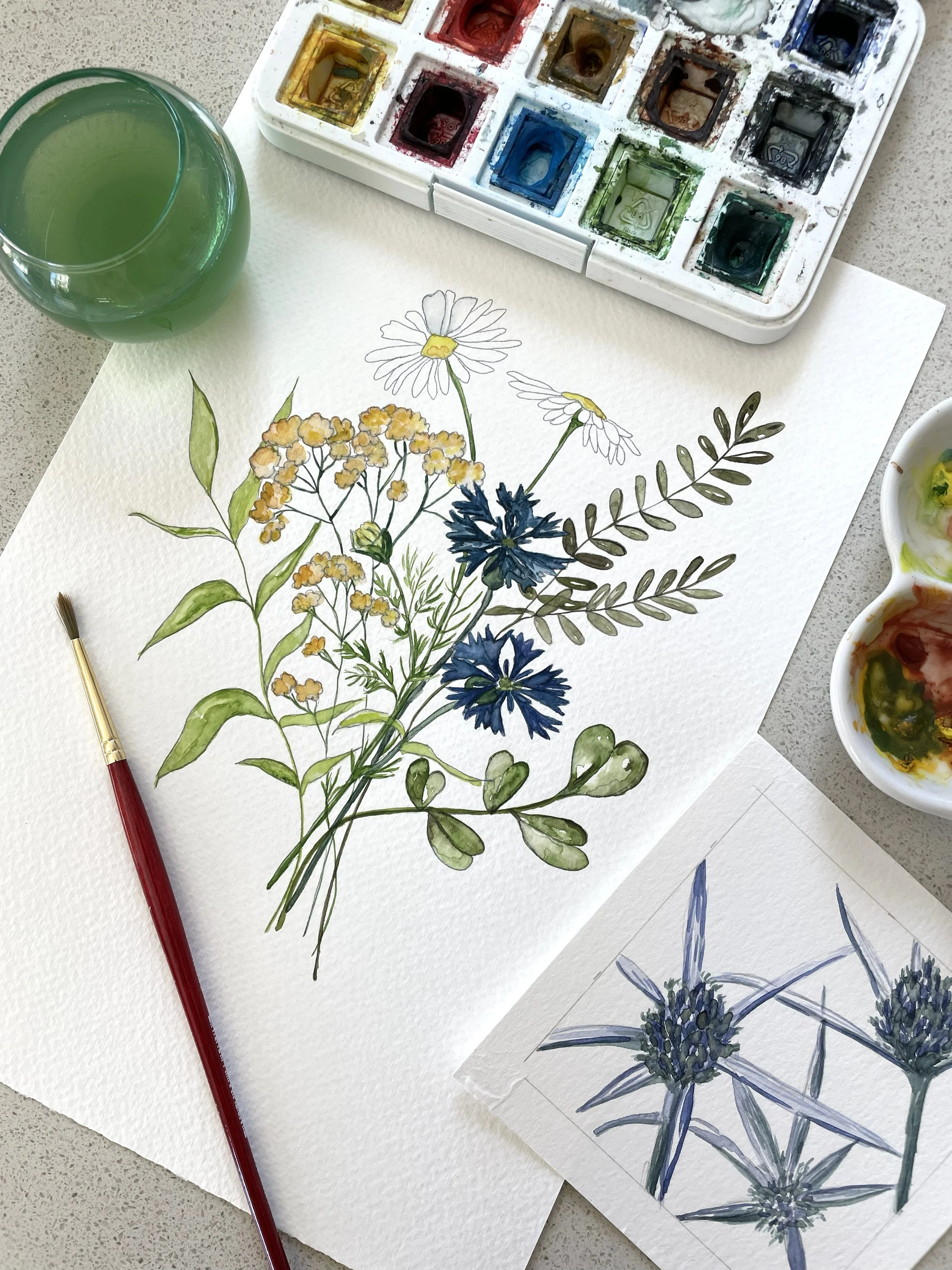 Wildflowers with watercolors in realistic style