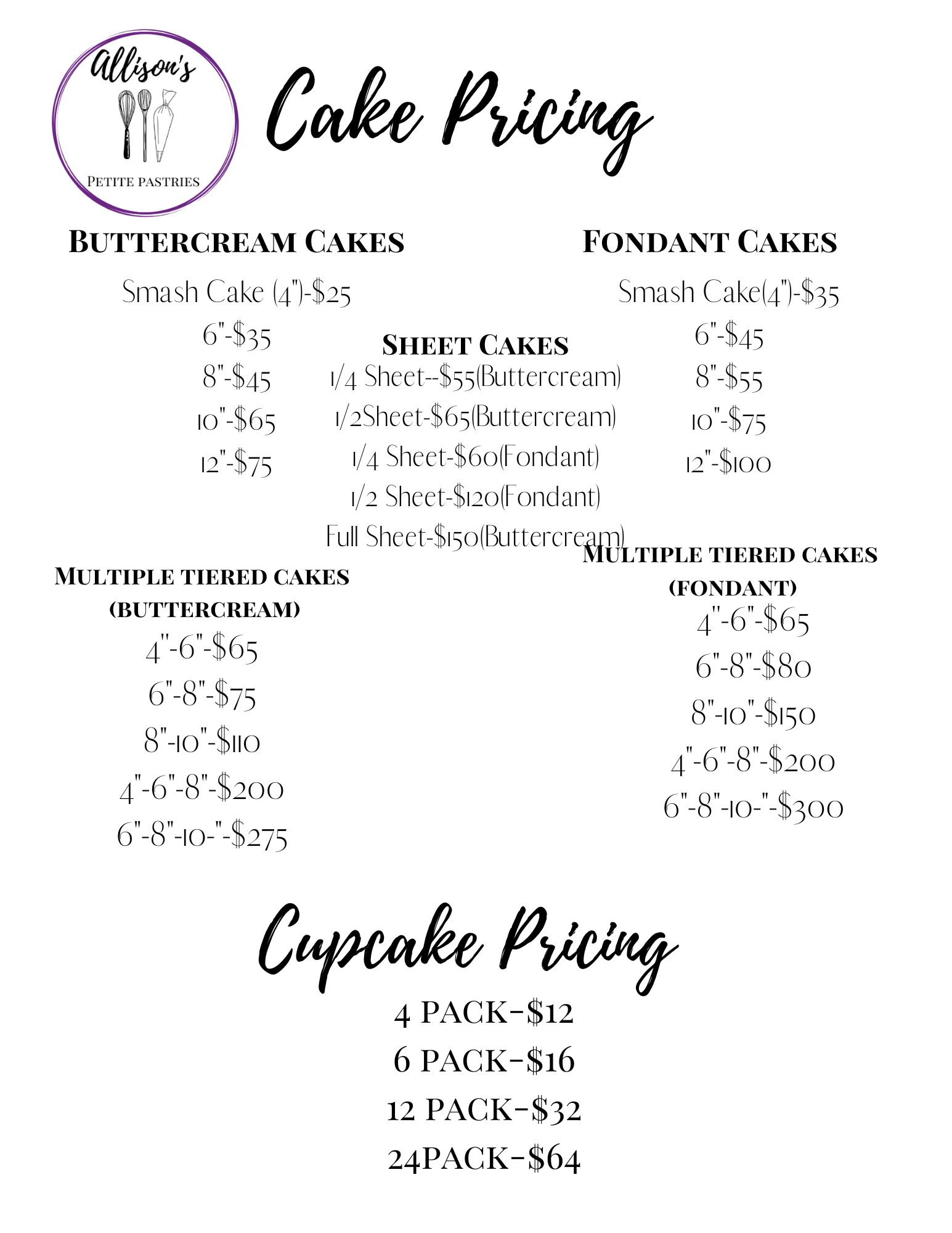 Cake Pricing and Stand Rentals — Allison's Petite Pastries