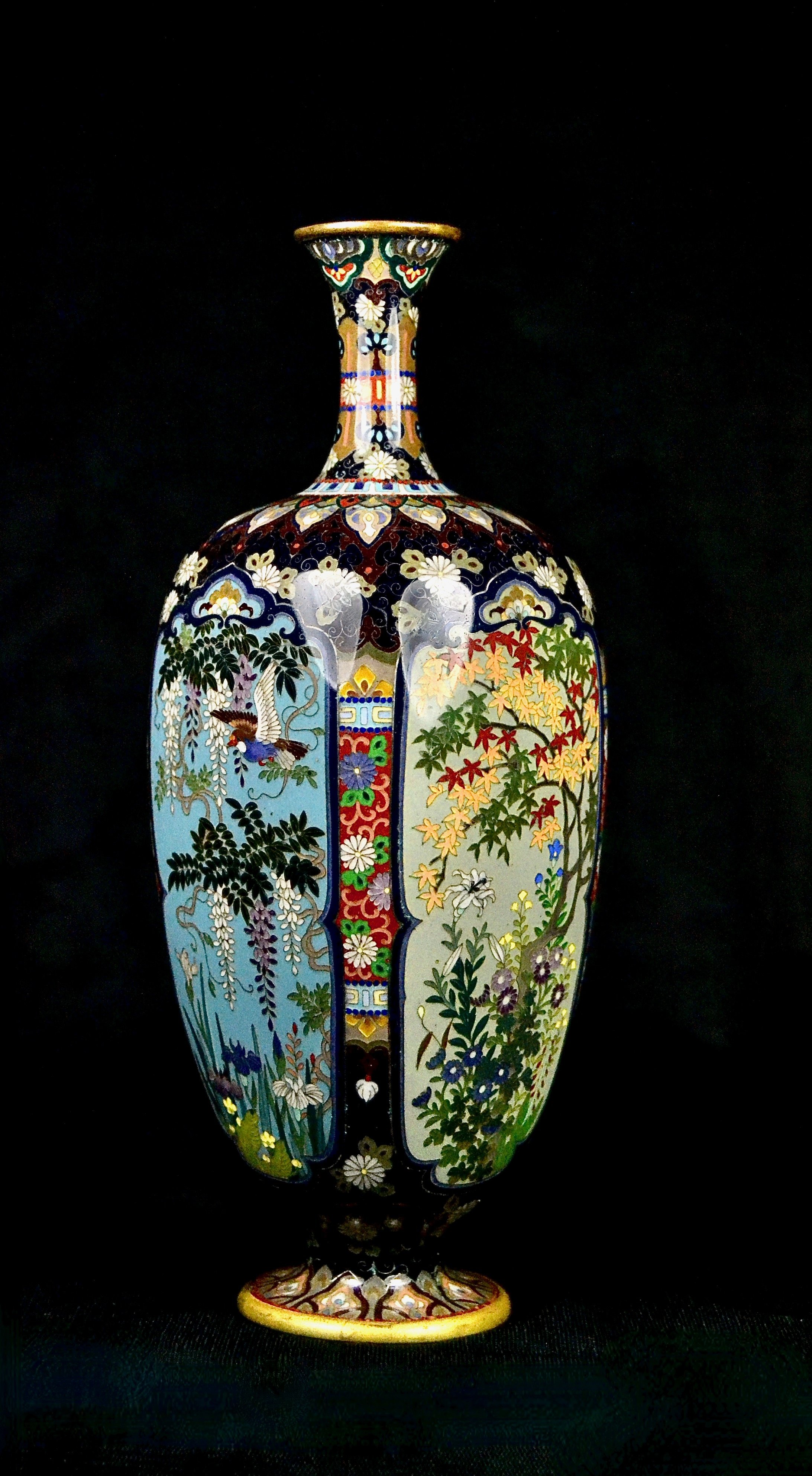 (SOLD)               Rare and Very Fine Silver Wire Japanese Meiji Cloisonne Footed Vase in Quadrilateral Form with four Panels