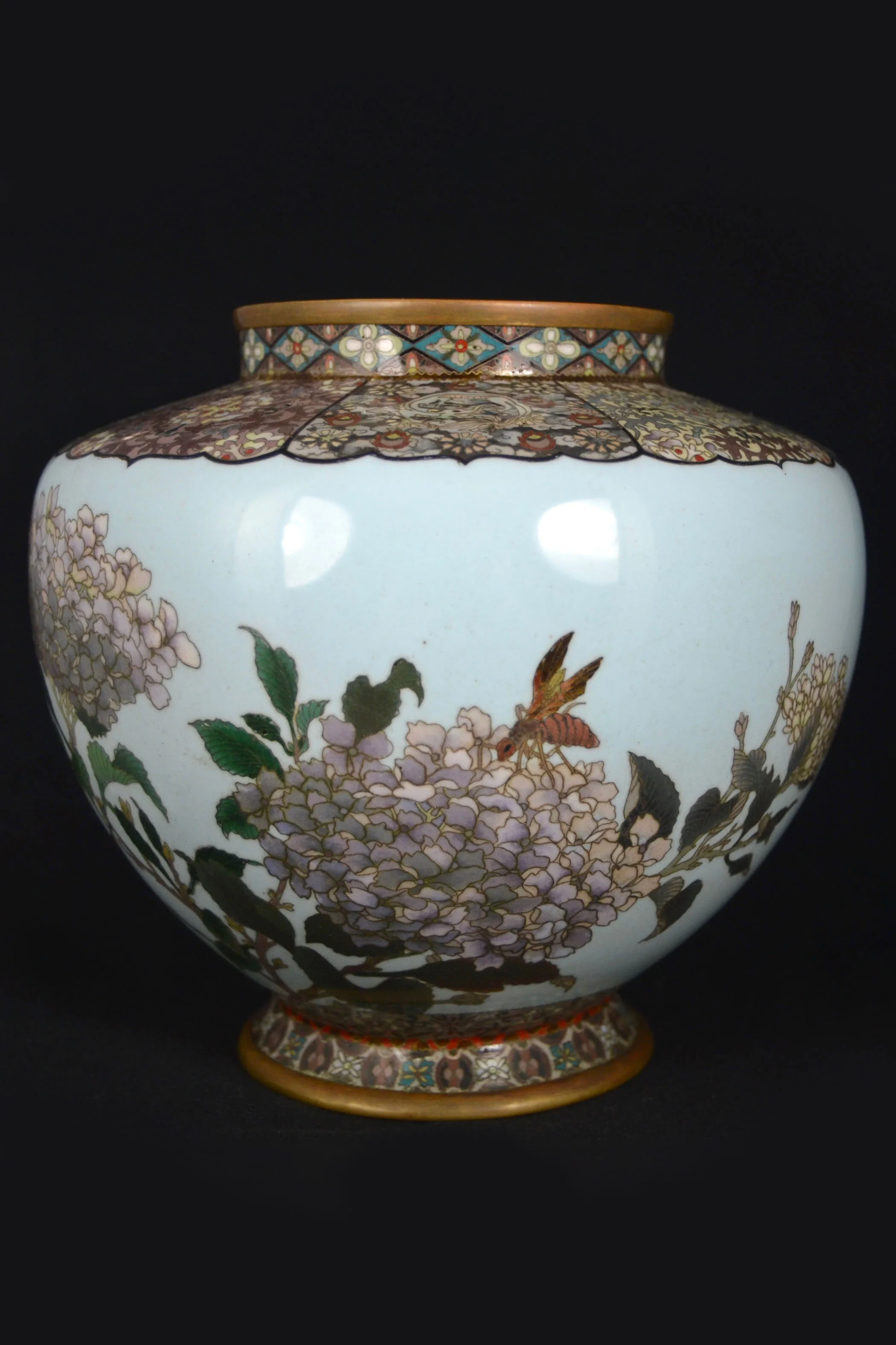 Exceptional Fine Broad Silver Wire Vase with Hydrangeas and a Bug