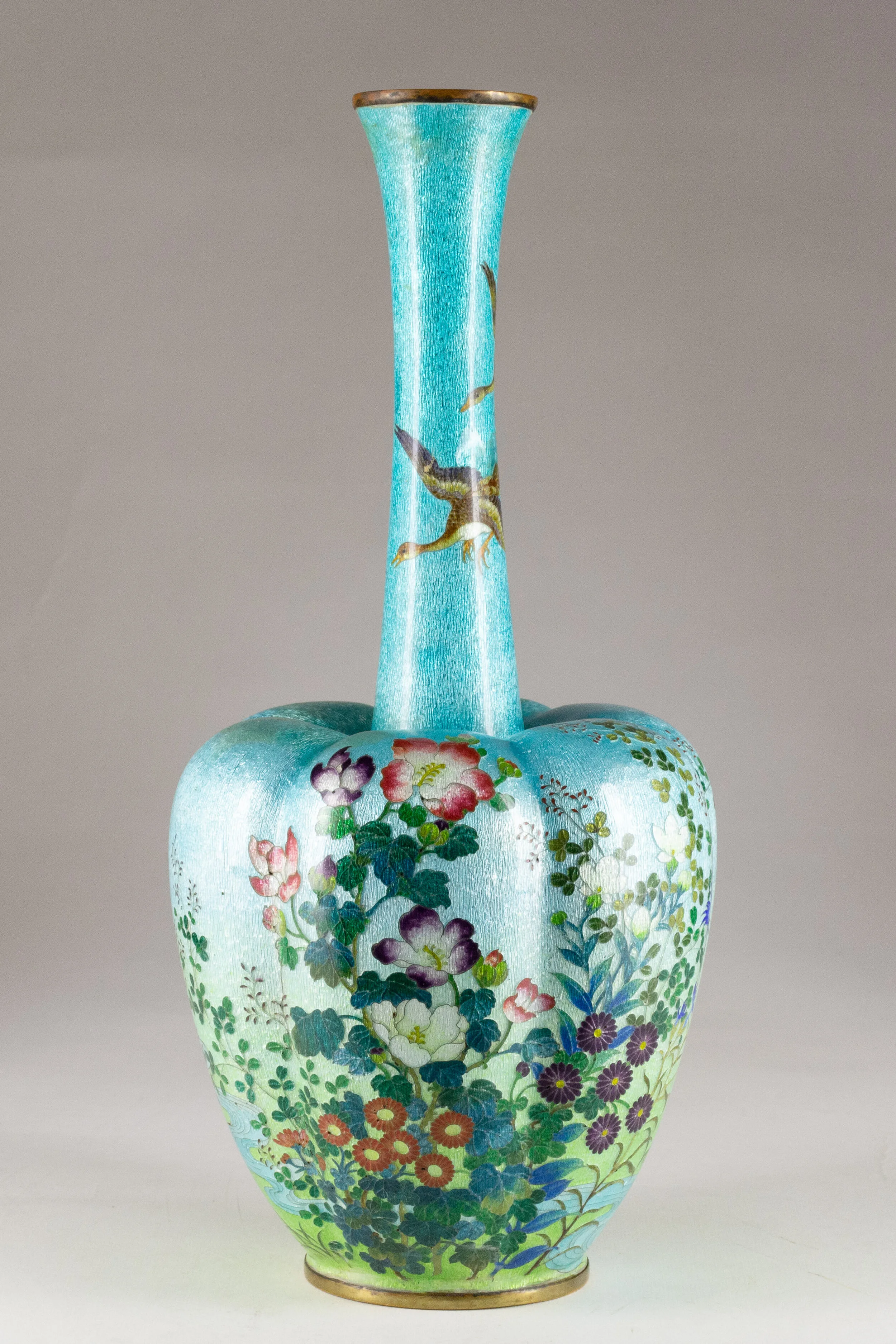 Magnificent Rare Large Long Necked Melon-Formed Cloisonné Vase with Translucent Finish