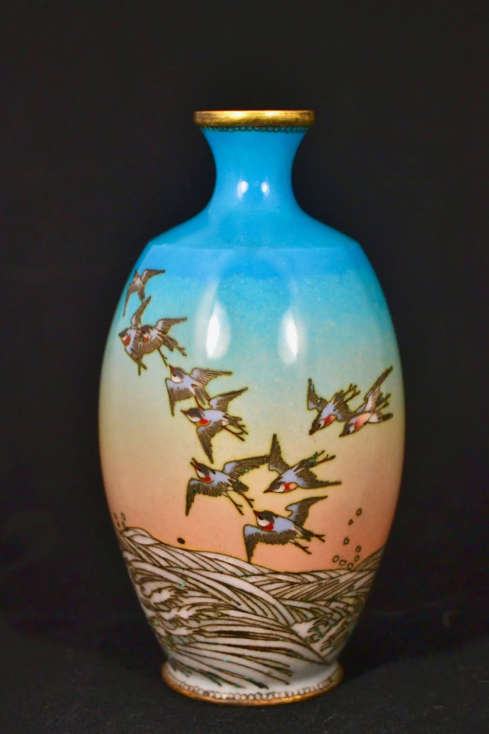 Fine Signed Silver Wire Antique Japanese Meiji Cloisonné Sunset