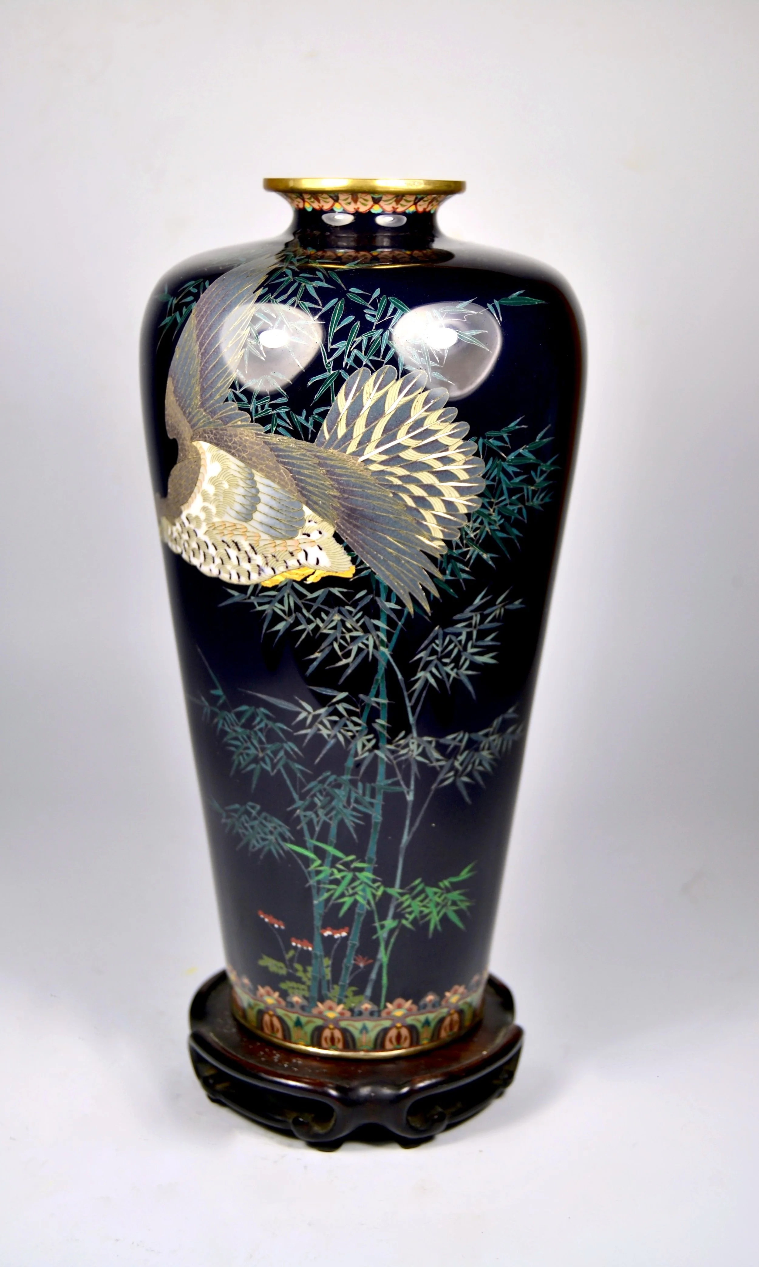 (SOLD) Wicked Shape Signed Japanese Cloisonné Vase Breathtaking Osprey Eagle Flying Across Bamboo