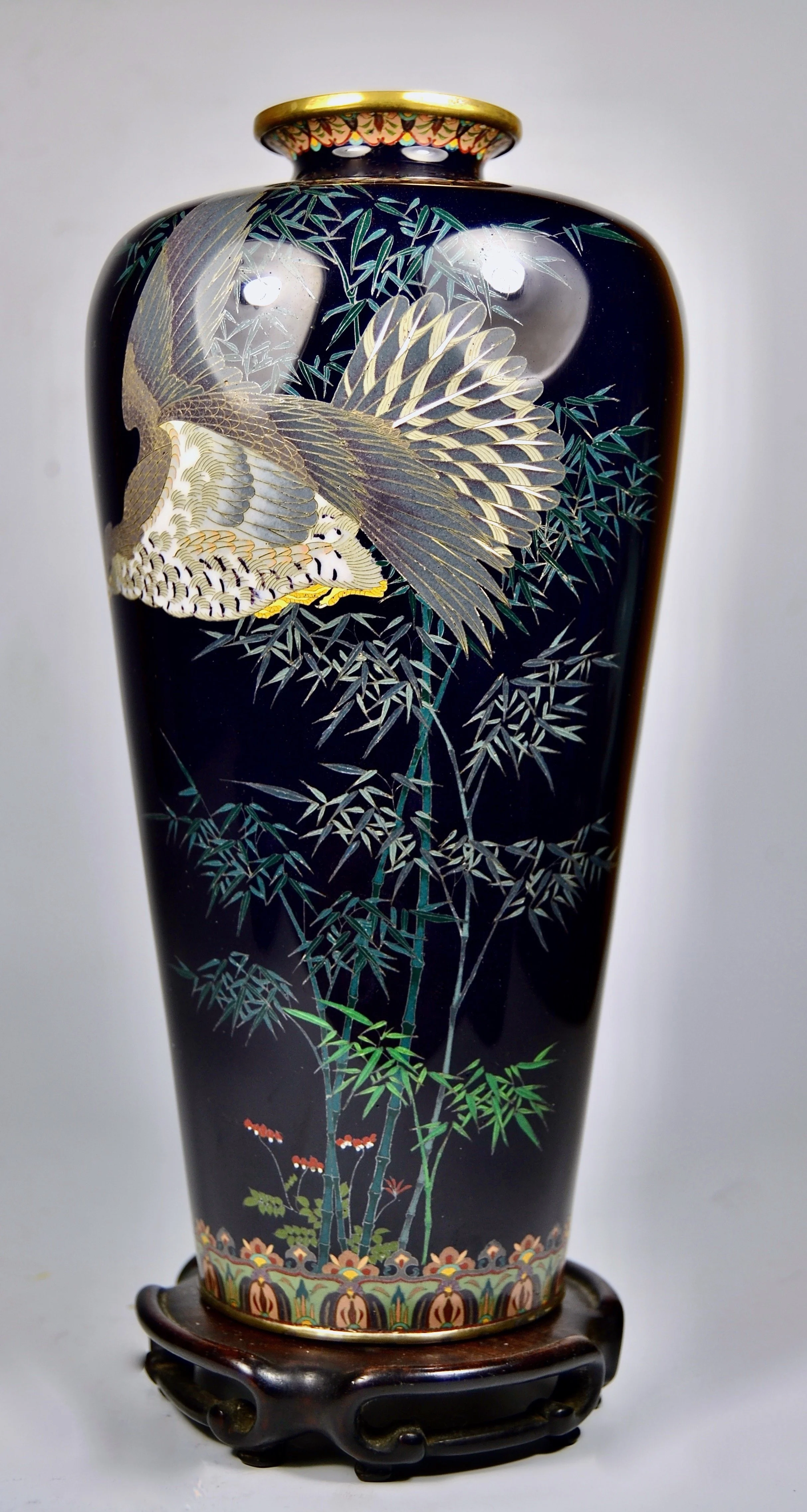 (SOLD) Wicked Shape Signed Japanese Cloisonné Vase Breathtaking Osprey