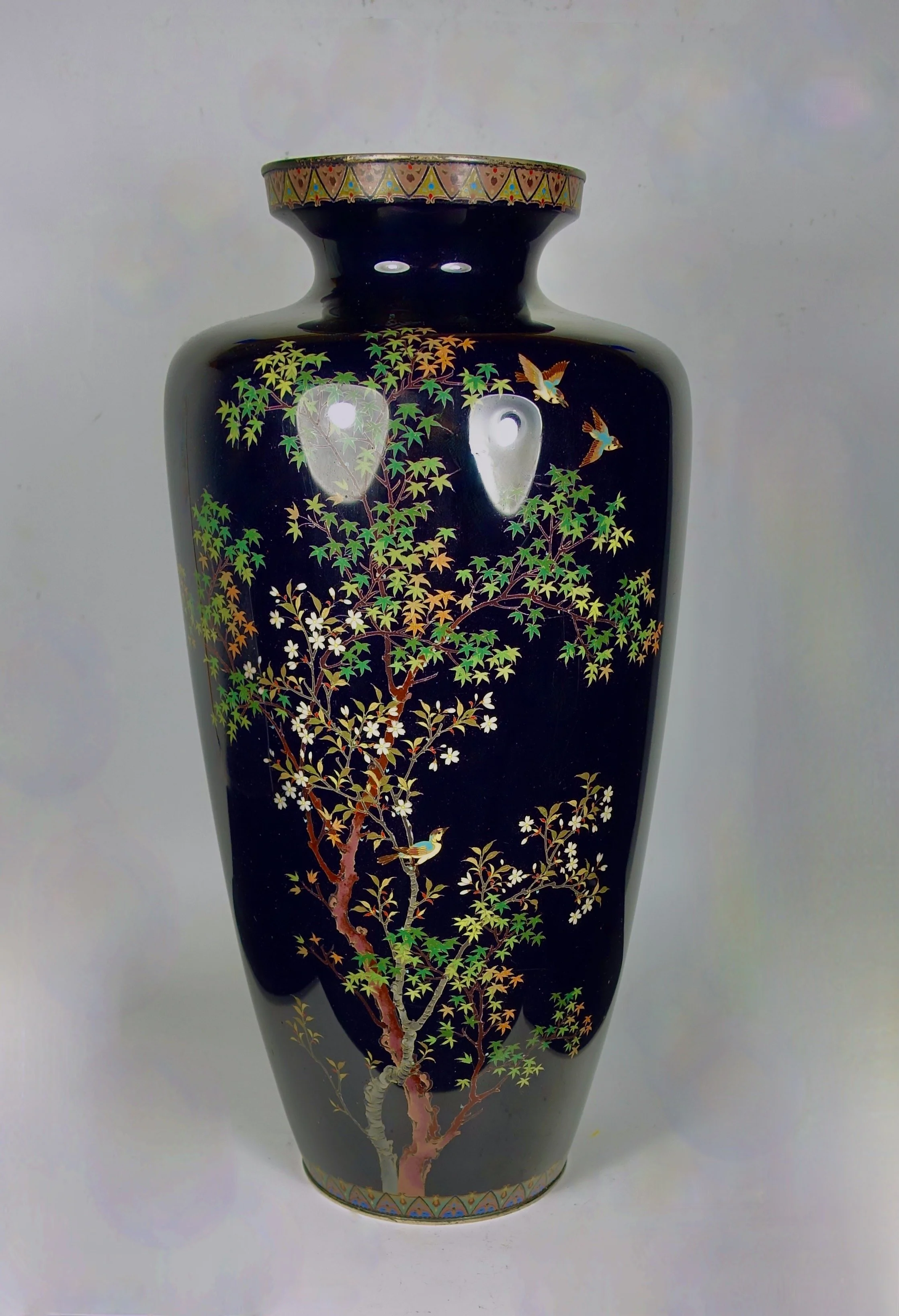 (SOLD)         Massive Tall Highly Detailed Fine Gold and Silver Wire Japanese Golden Age Cloisonné Vase by Ando