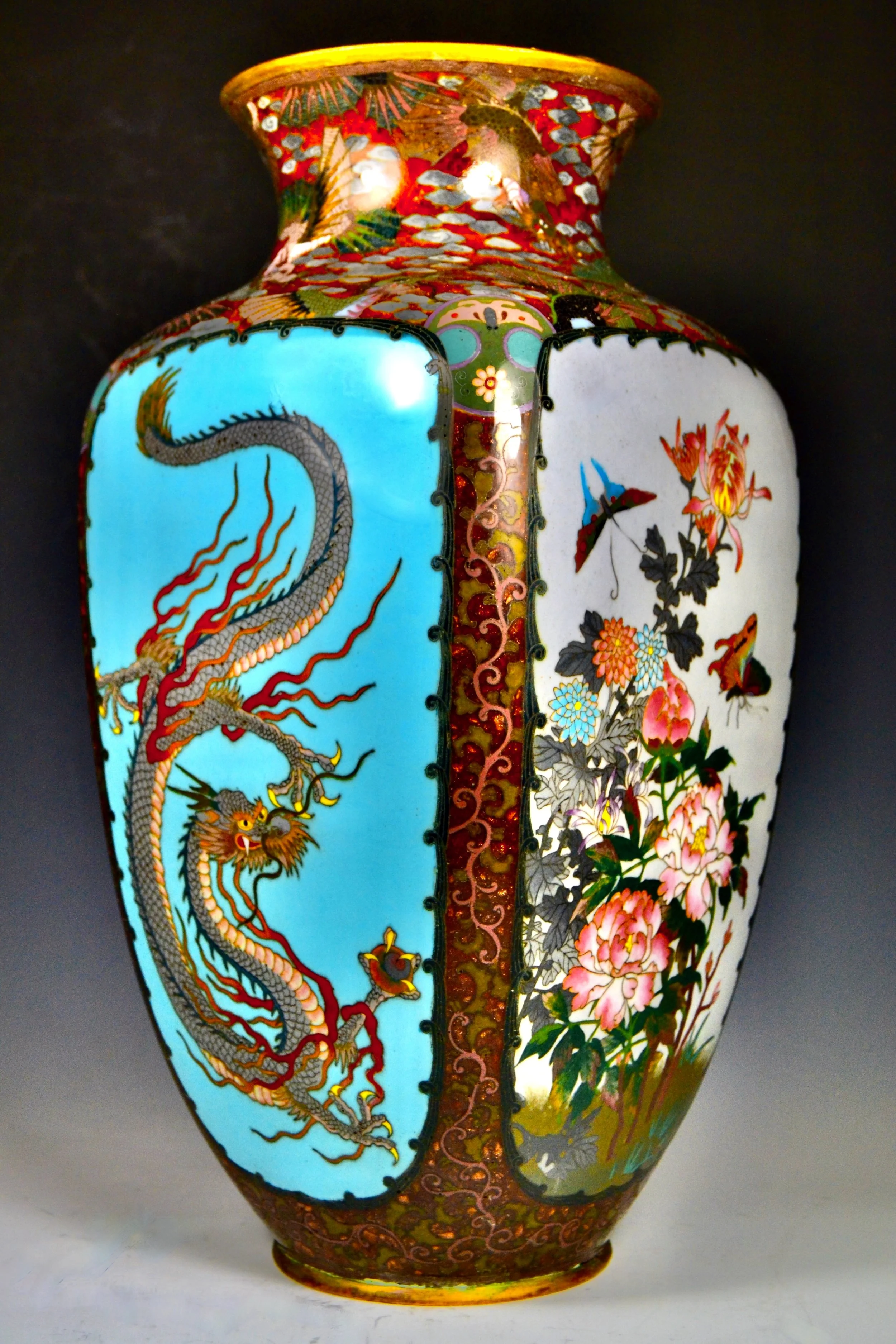 (SOLD)          Large 1890's Fine Silver Wire Japanese Meiji Cloisonne Square formed Vase with Four Large Panels