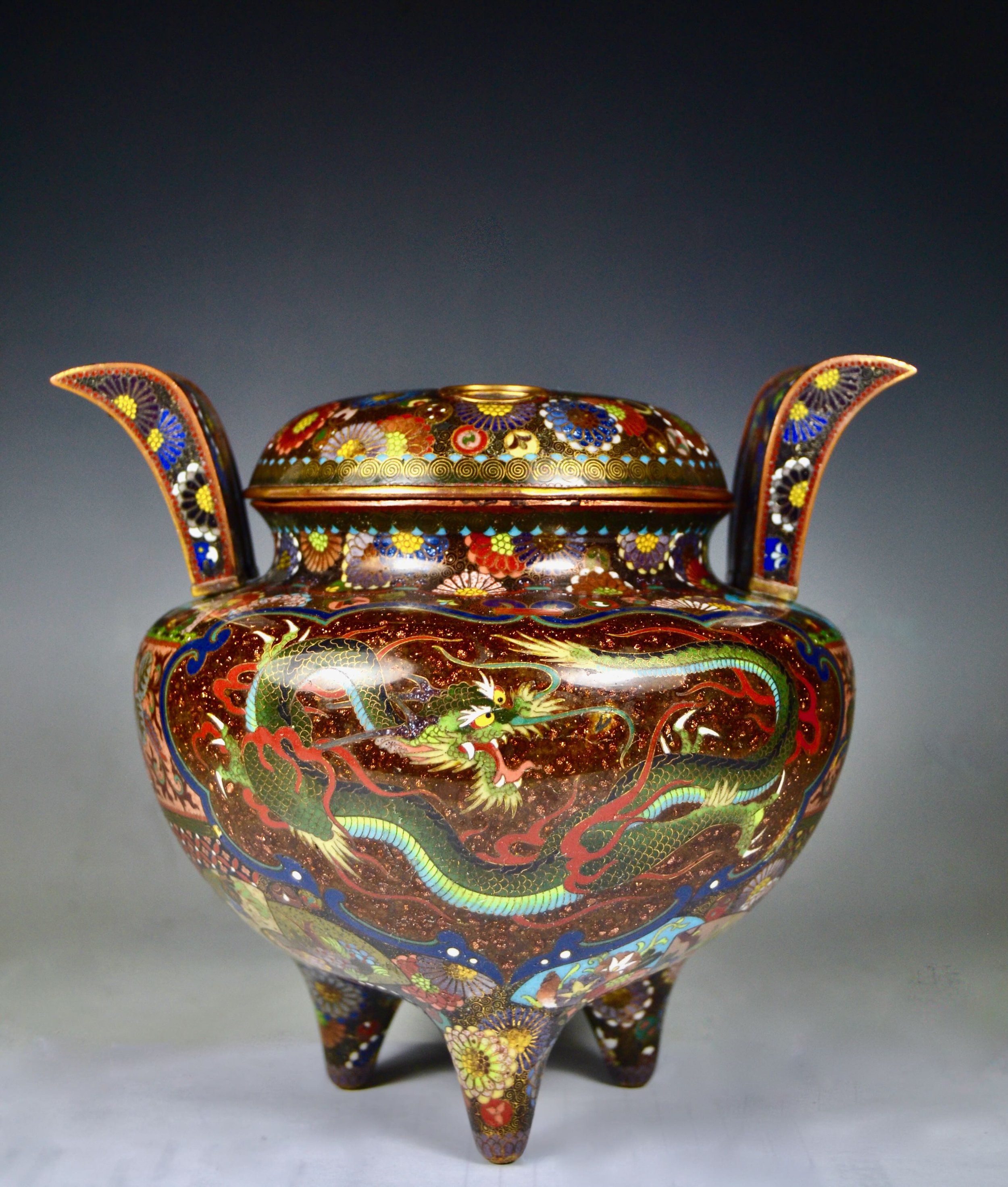 A Rare and Large and Colorful Fine Gold-Gilt Wire Japanese Meiji Lidded incense Burner with Two Panels
