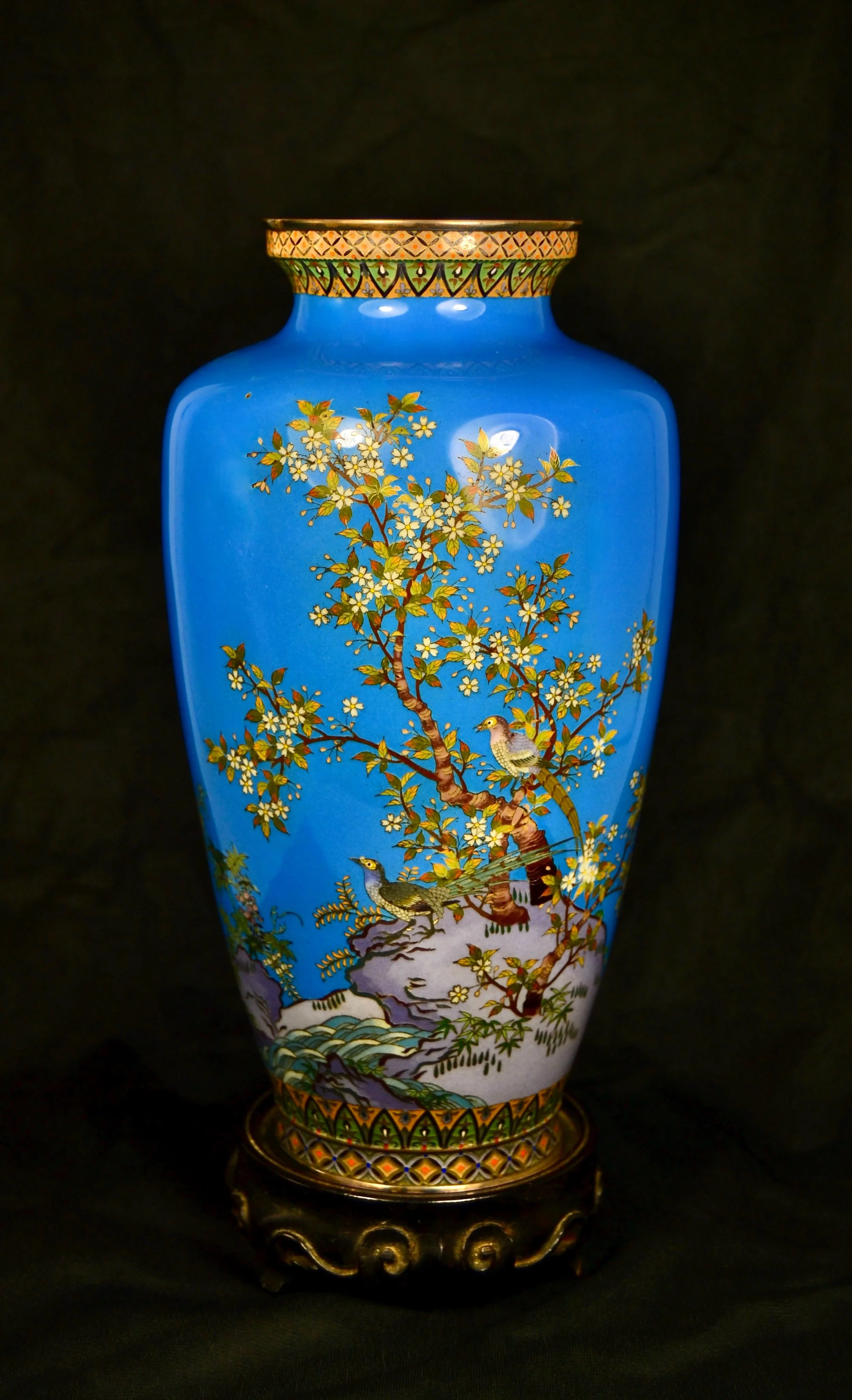 (SOLD)    Fine Antique Silver Wire Japanese Cloisonne Vase w/ Strong Design of Birds of Paradise in a Tree