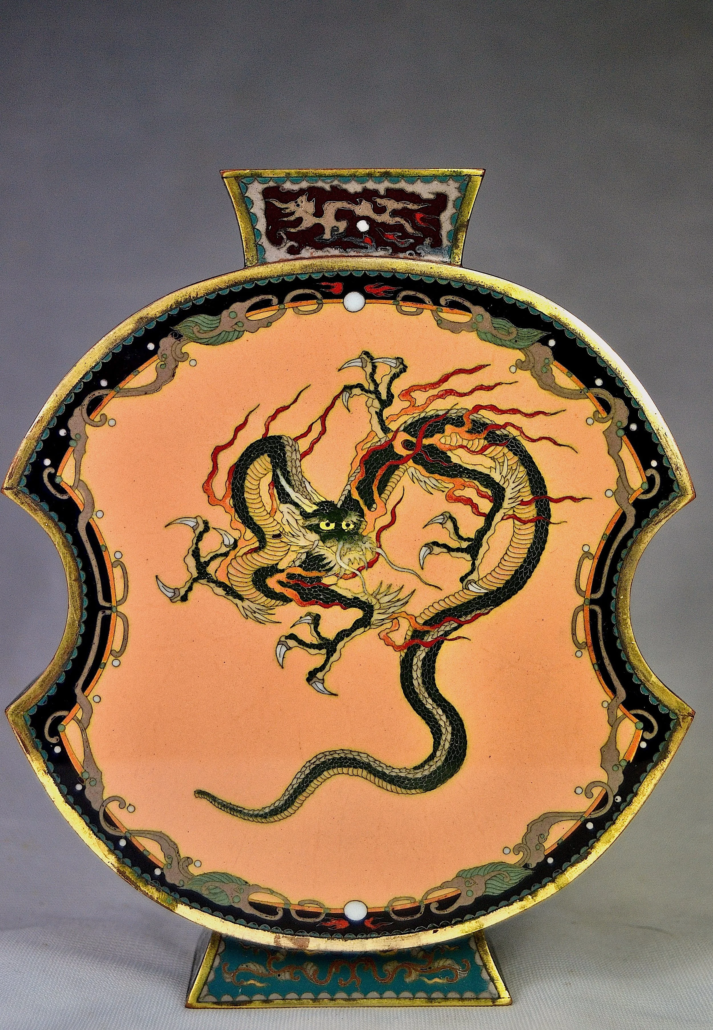 Extremely Rare  Silver Wire Japanese Meiji Cloisonne Vase in Moon Flask Shape.