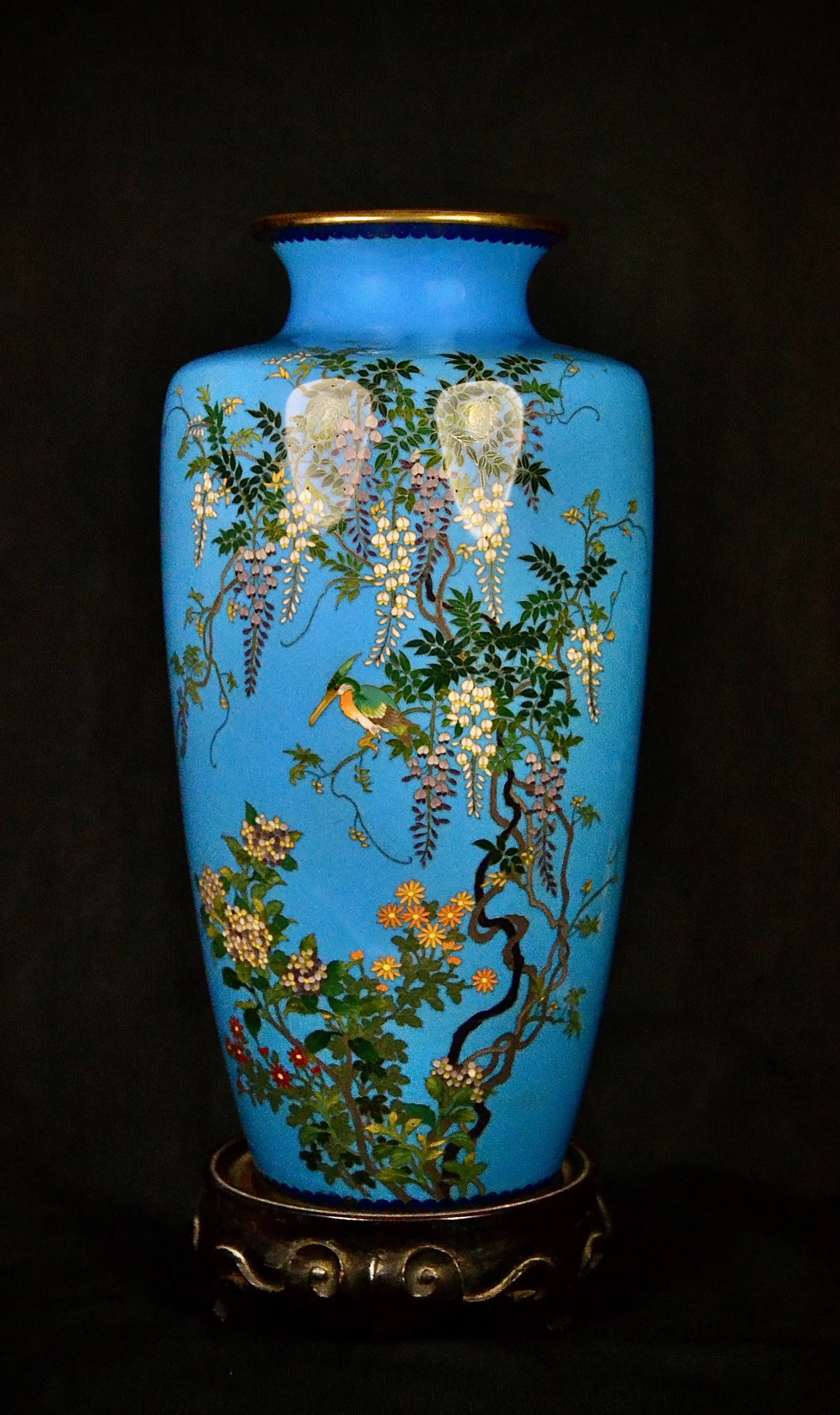Fine Silver Wire Antique Japanese Meiji Cloisonné Vase Wisteria and Hydrangeas and Bird of Paradise
