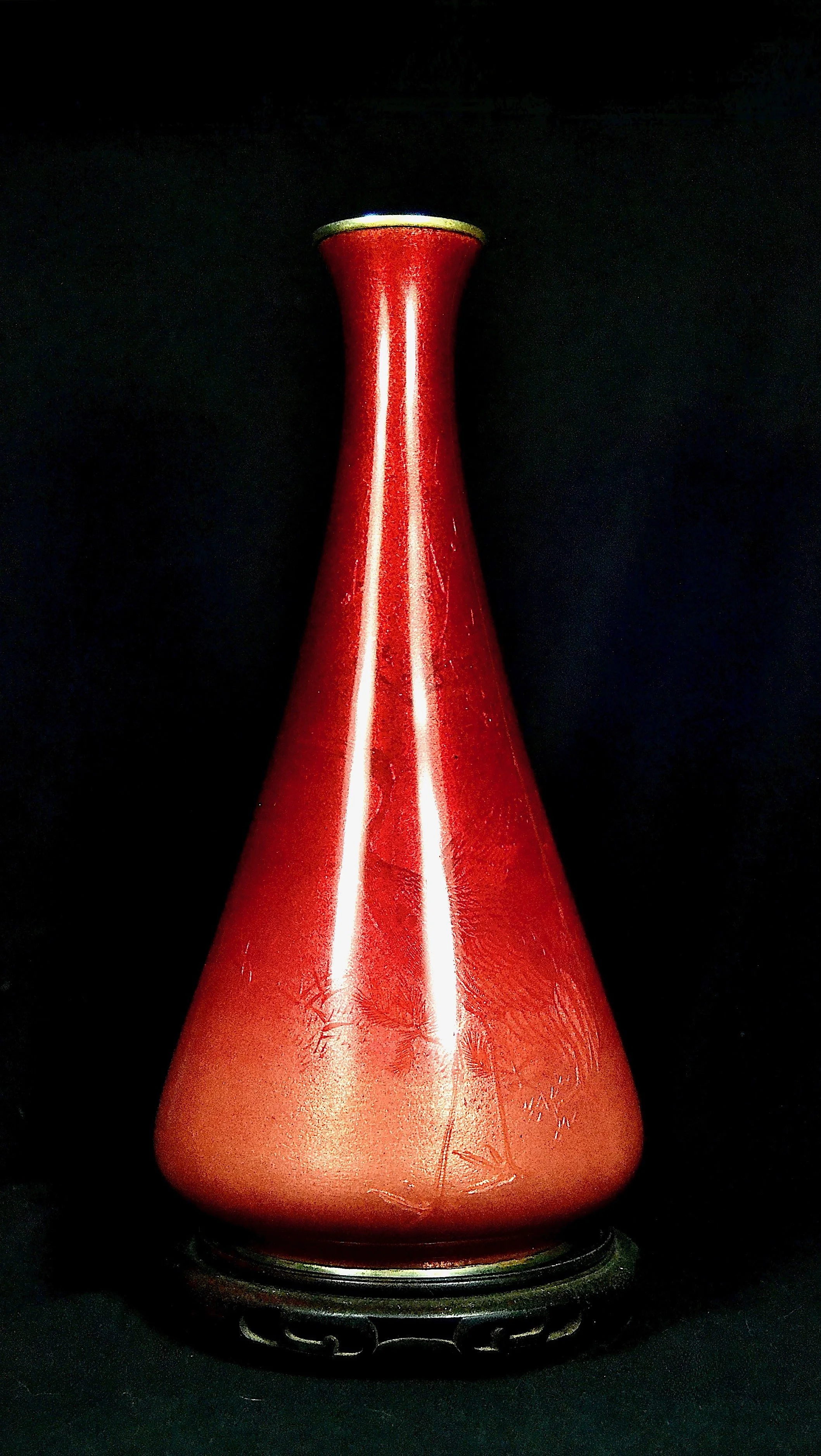Magnificent Japanese Meiji Wireless Cloisonne Vase with Detailed Engraving and a Red Transulcent Finish