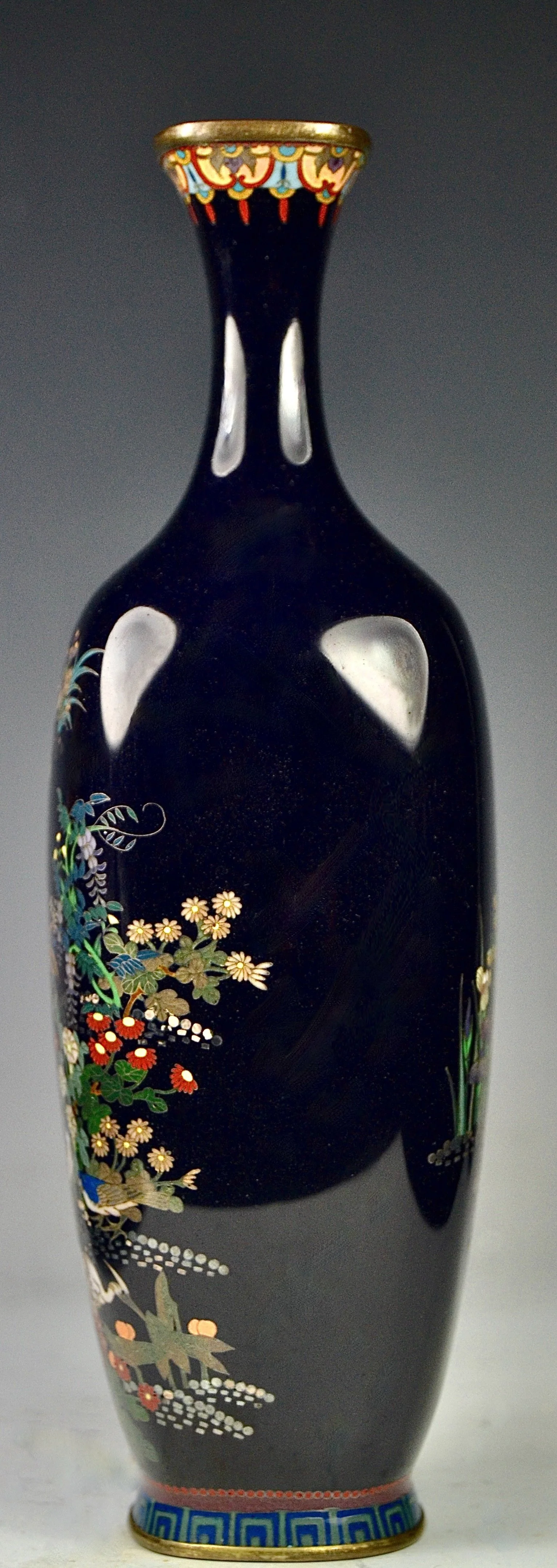 Fine Silver Wire Japanese Meiji Cloisonne Rectangular Vase with Twenty Birds in the Flowers