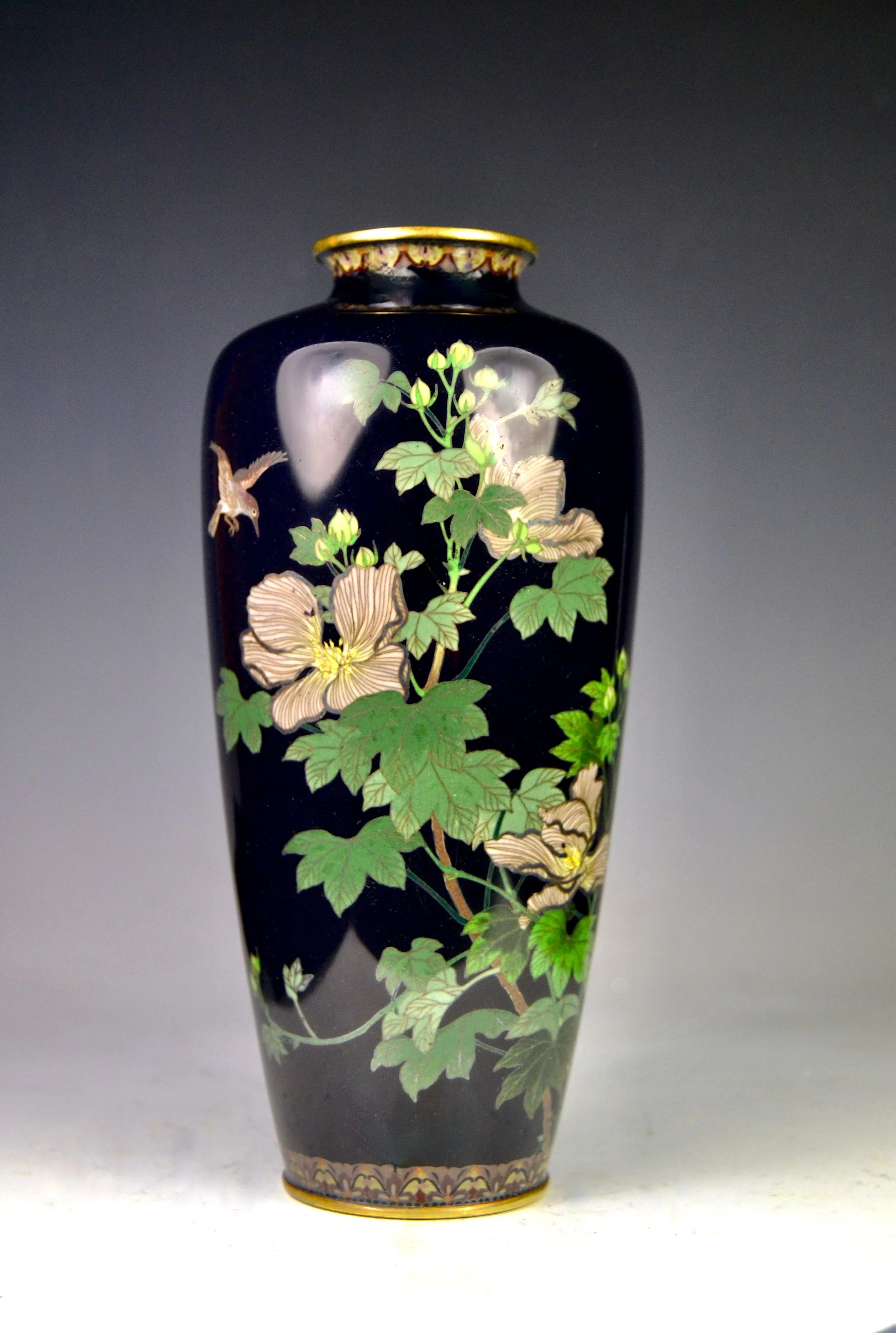 Rare High Quality Japanese Meiji Cloisonne Vase with Sculpted Thick Wire Hibiscus Flowers, Signed